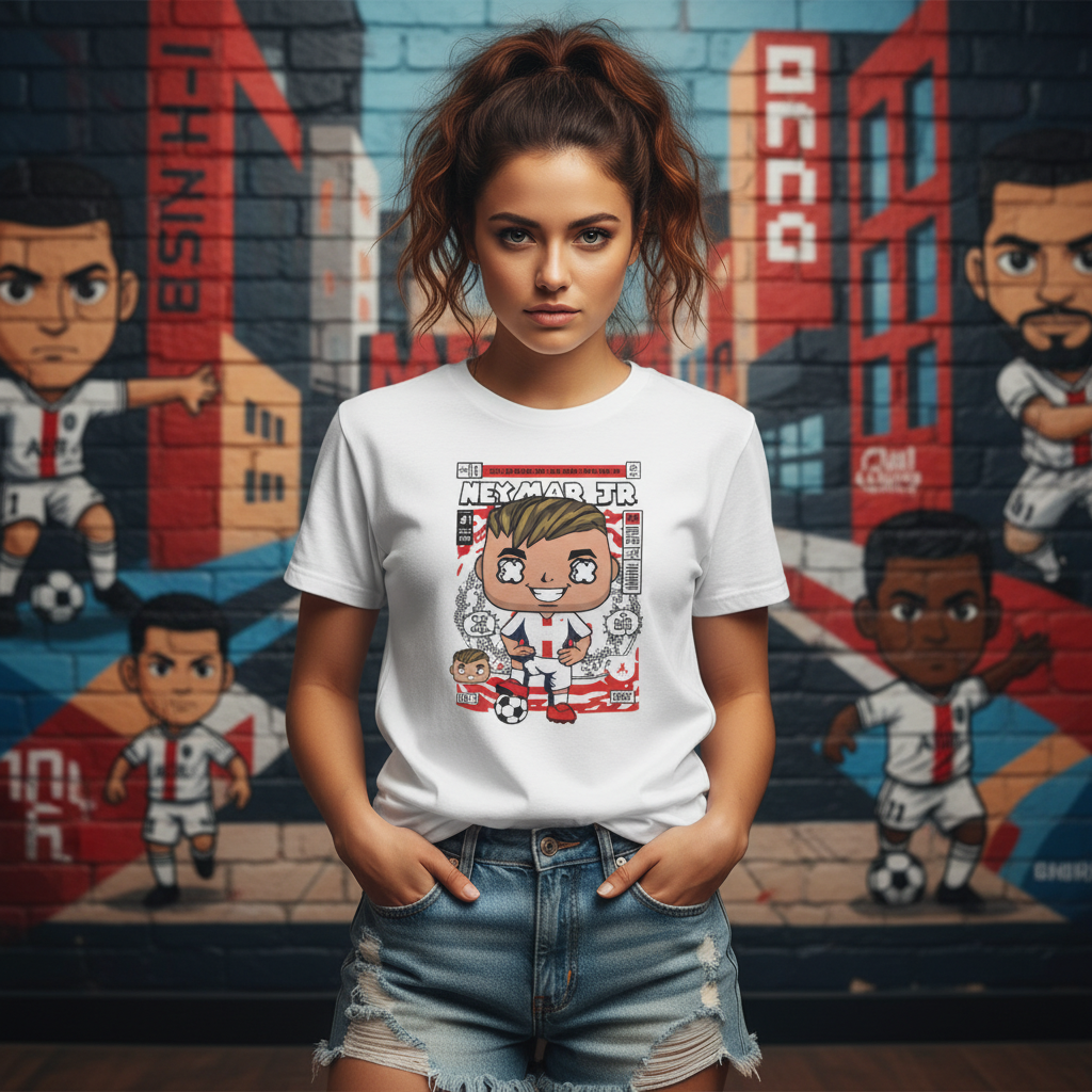 Neymar Jr Cartoon Graphic T Shirt For Unisex Soccer Fans Playful Comic Style Jersey Tee