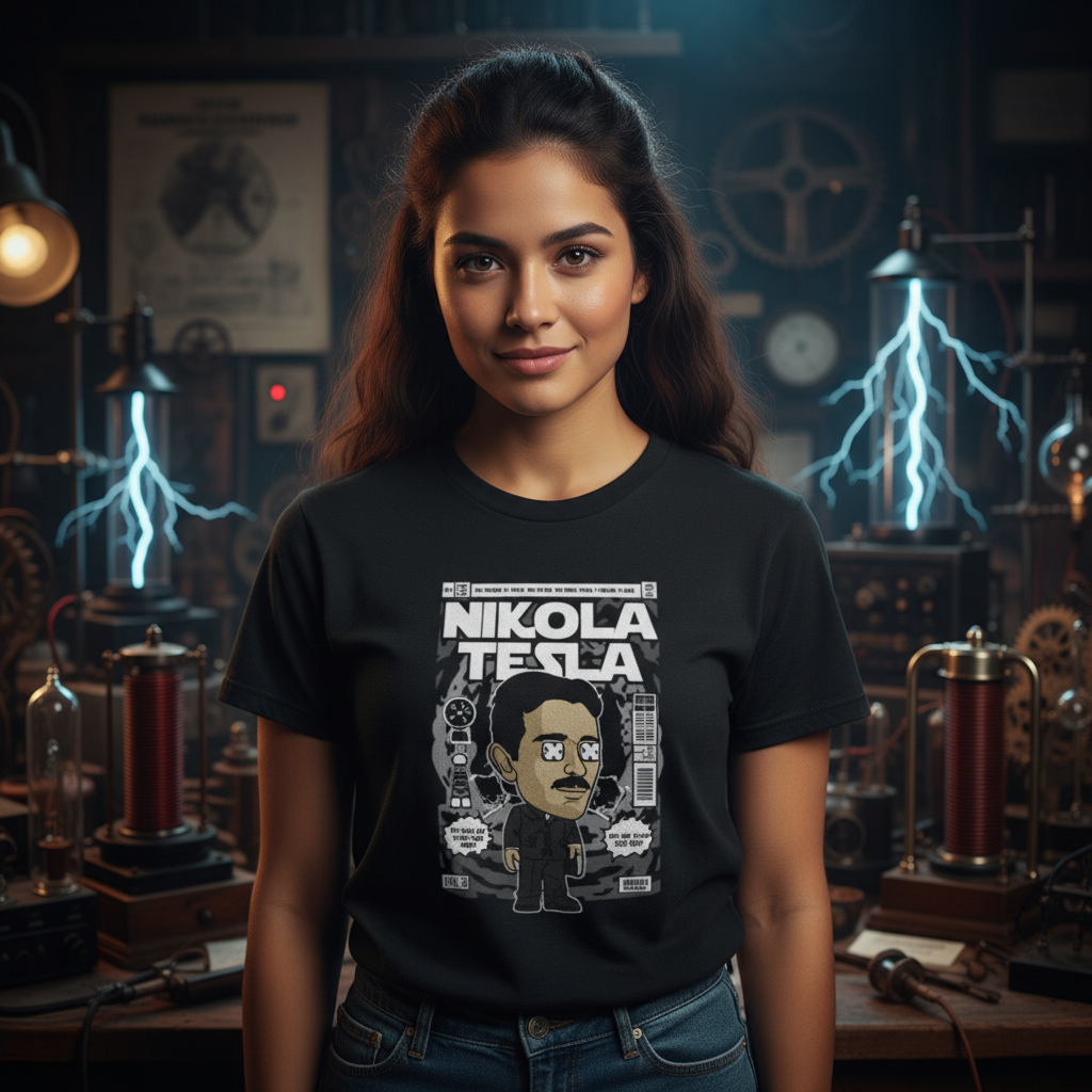 Nikola Tesla Graphic Unisex T Shirt Featuring Cartoon Portrait And Vintage Magazine Cover Illustration