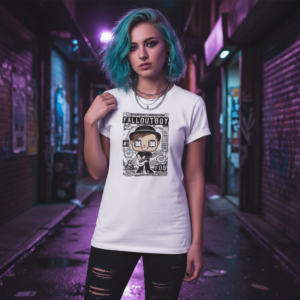 Fall Out Boy Cartoon Graphic Tee Unisex Music Band Shirt Featuring Bold Comic Style Illustration