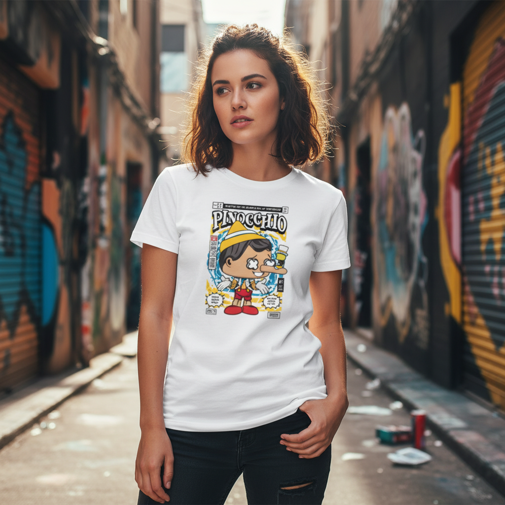 Pinocchio Comic Style Graphic Tee For Adults Unisex Short Sleeve Shirt With Vintage Comic Book Cover Art