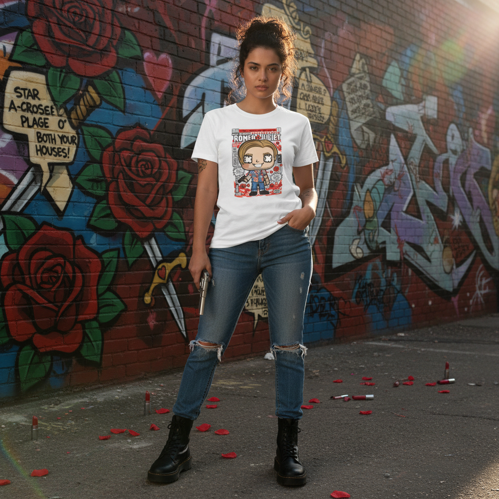 Romeo And Juliet Pop Art Cartoon Graphic Tee With Comic Book Panel Design For Unisex Adults