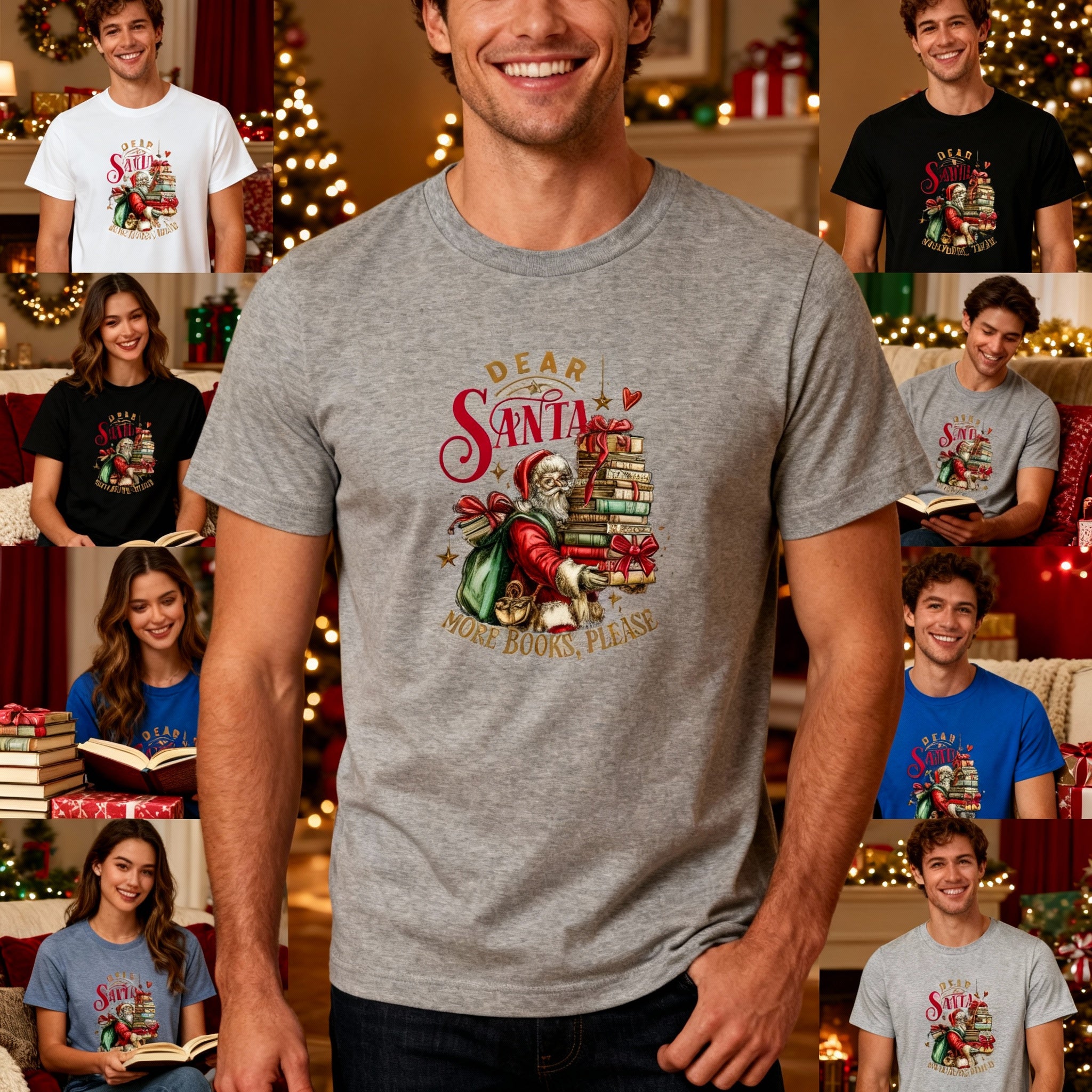 Unisex Christmas T Shirt with Santa Carrying a Stack of Books and Gifts Graphic Design