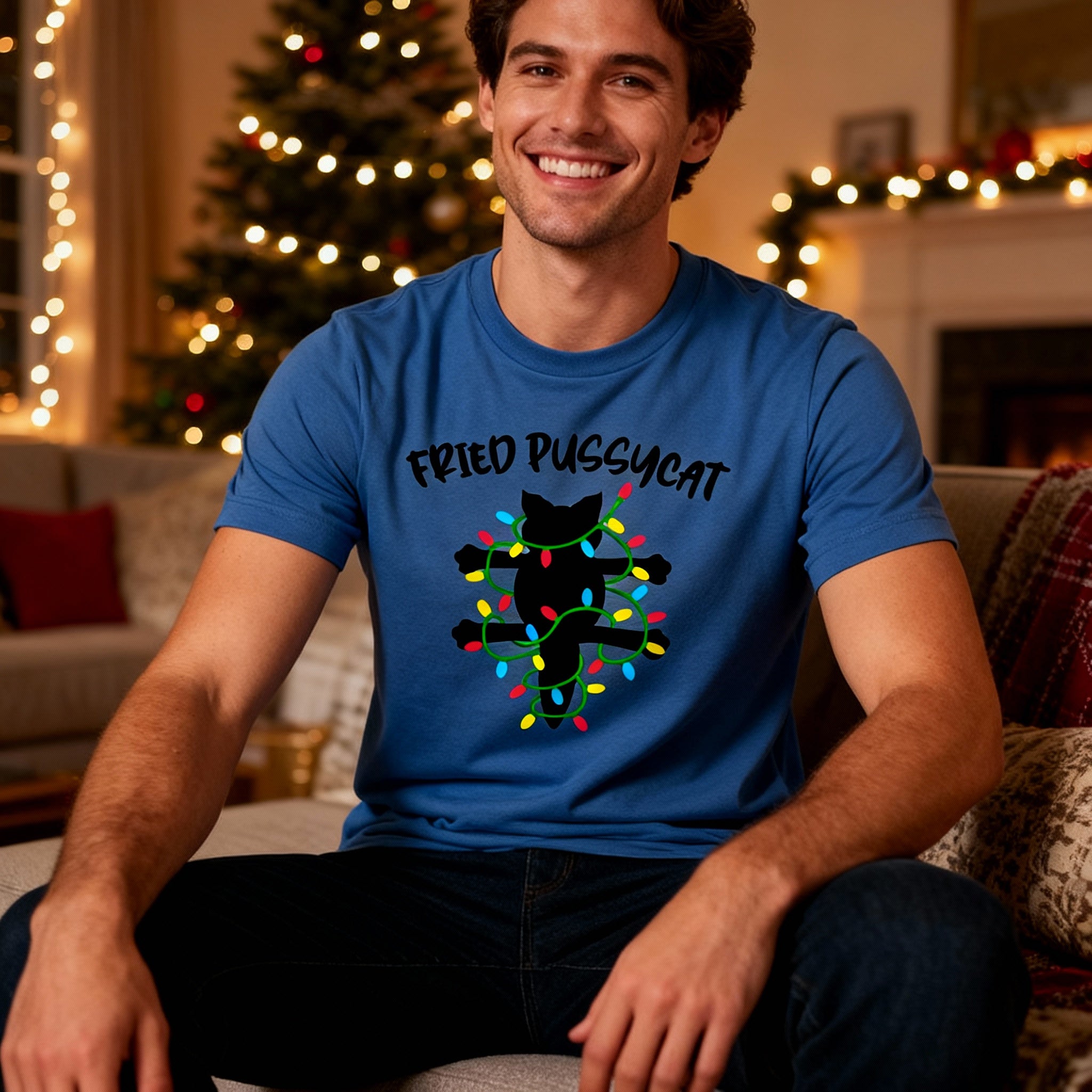 Fried Pussycat Christmas Lights Graphic T Shirt For Unisex Cotton Short Sleeve Tee