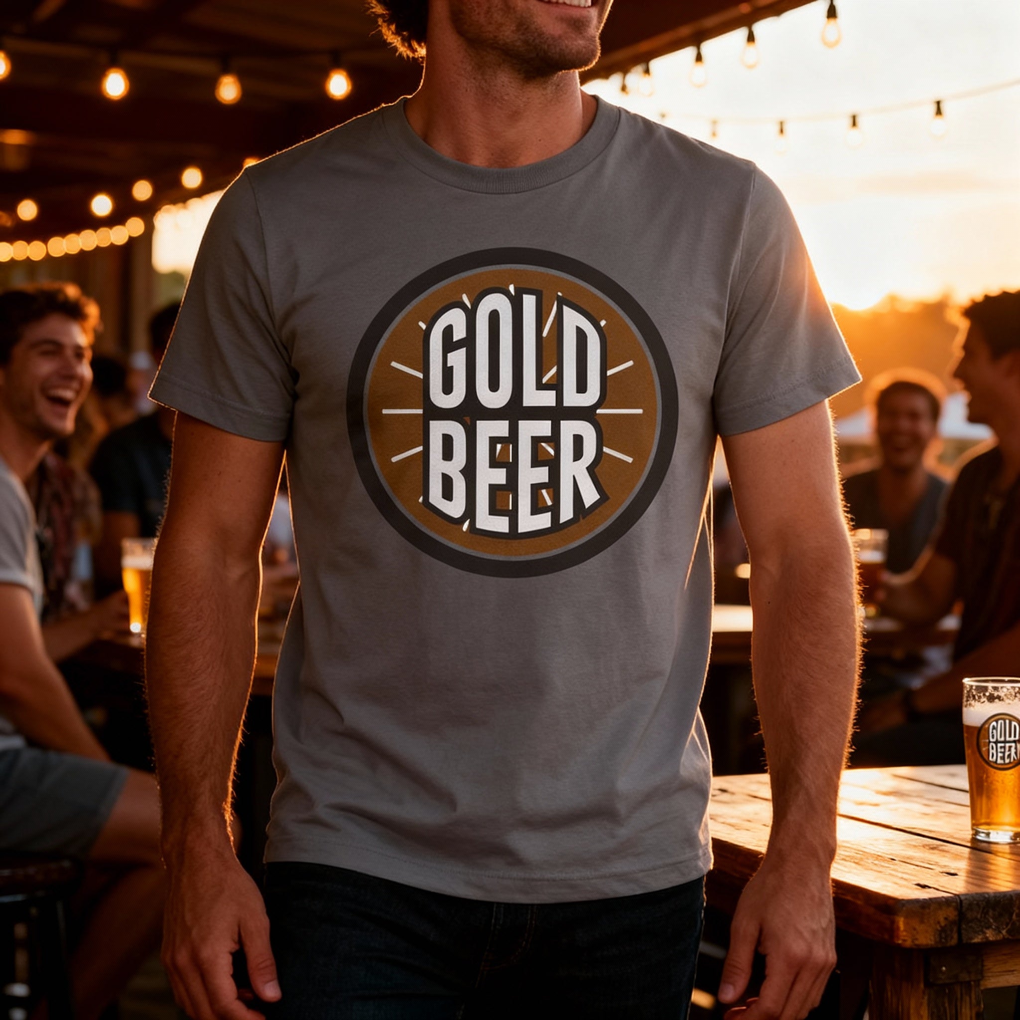 Gold Beer Circle Logo Graphic T Shirt For Men And Women Unisex Casual Tee With Bold Design