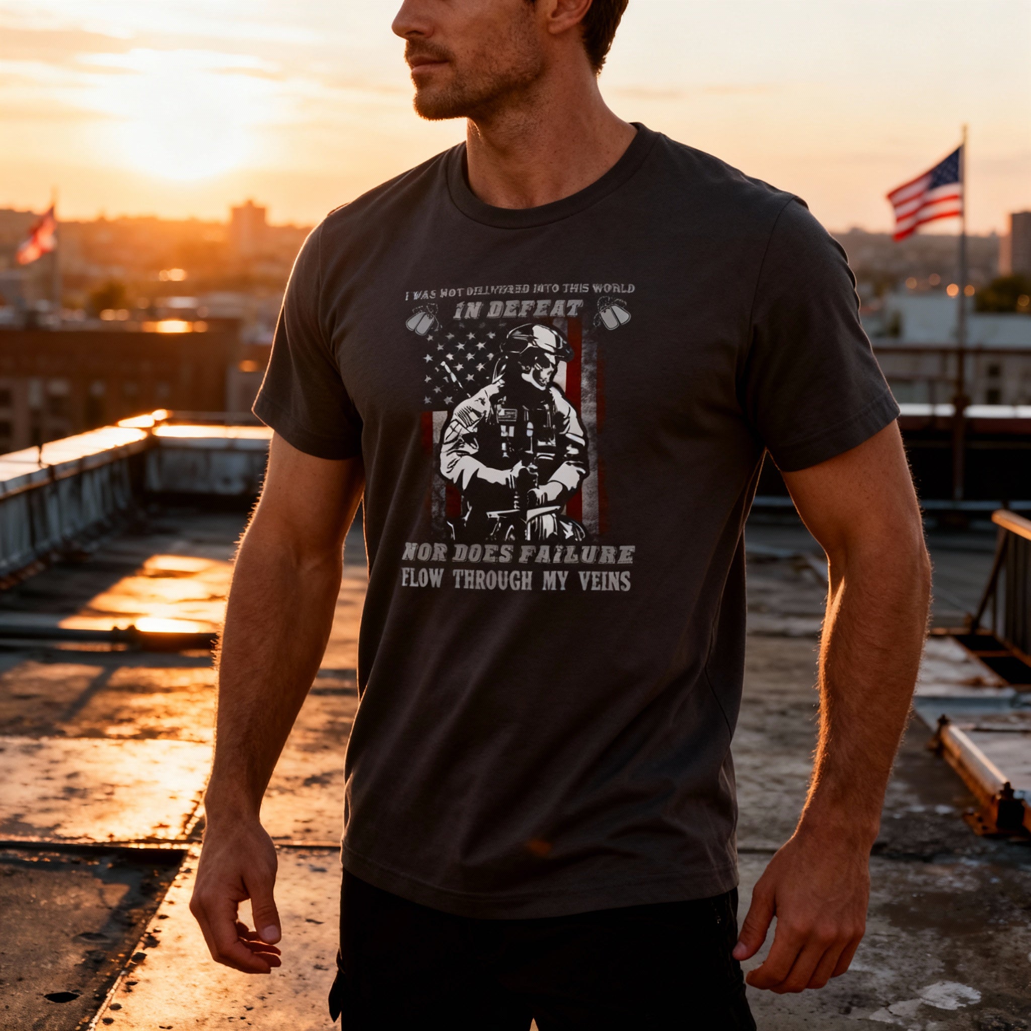 Unisex Veteran Graphic T Shirt With Soldier Silhouette And American Flag Artwork