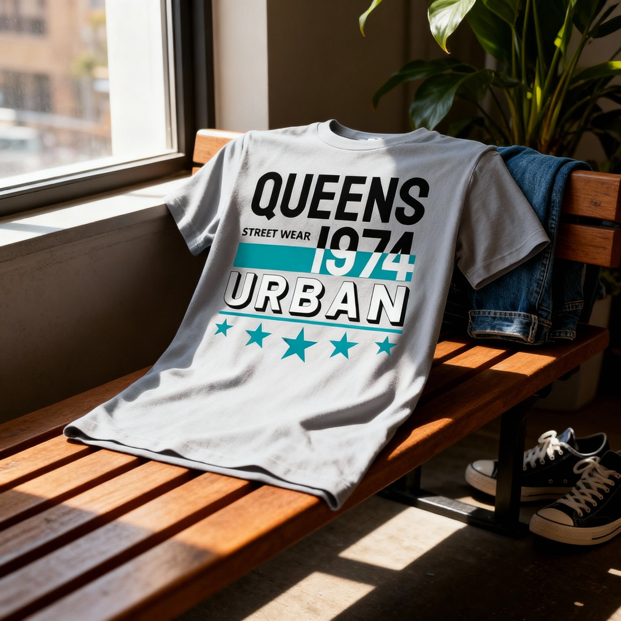 Queens Urban Streetwear Graphic Tee 1974 Unisex Short Sleeve Top With Teal Accent Stars And Bold Lettering