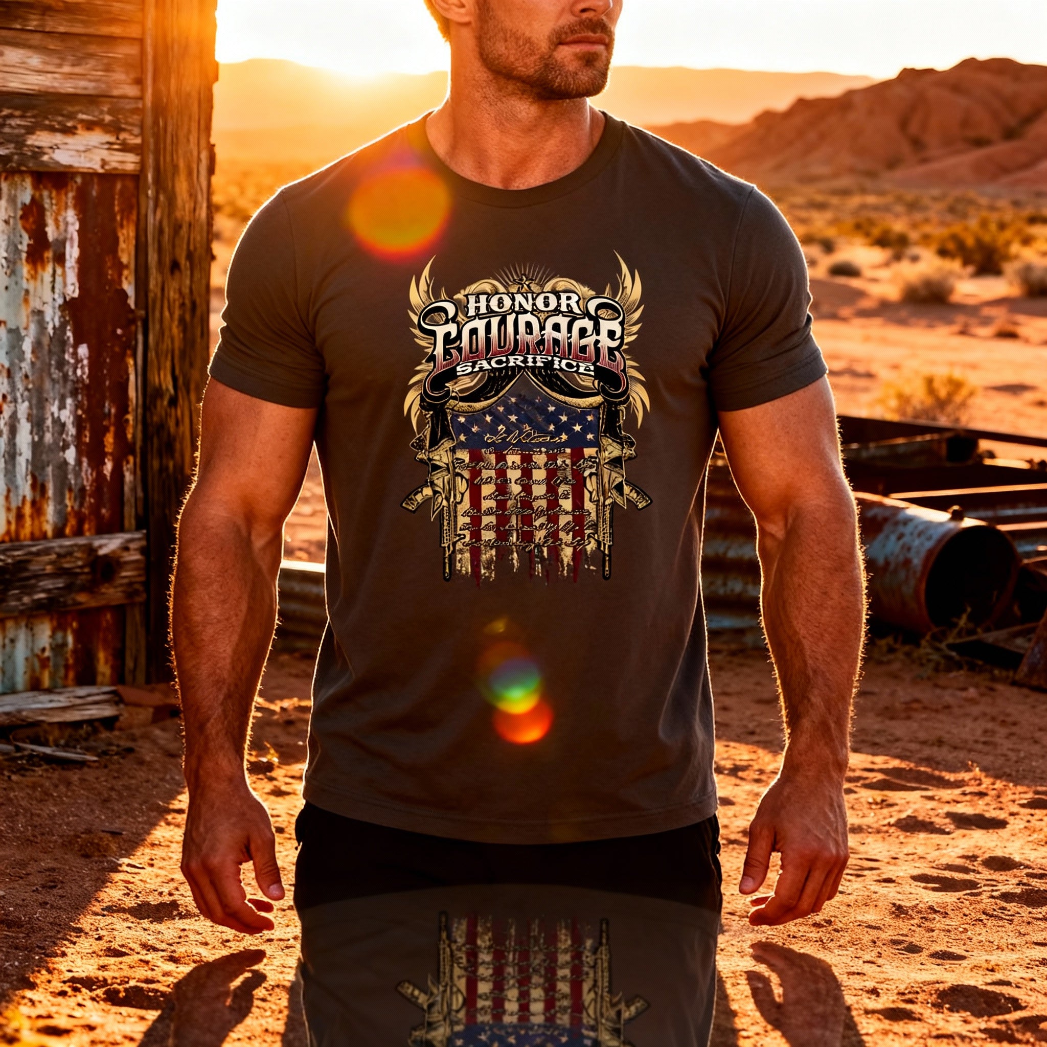 Unisex Veteran Graphic Tee Featuring Honor Courage Sacrifice Emblem and American Flag Shield Design