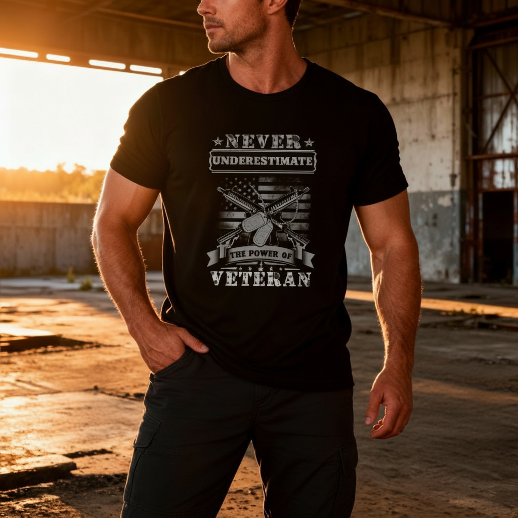 Never Underestimate The Power Of Veteran Unisex Graphic Tee With Patriotic Military Theme Design Edition