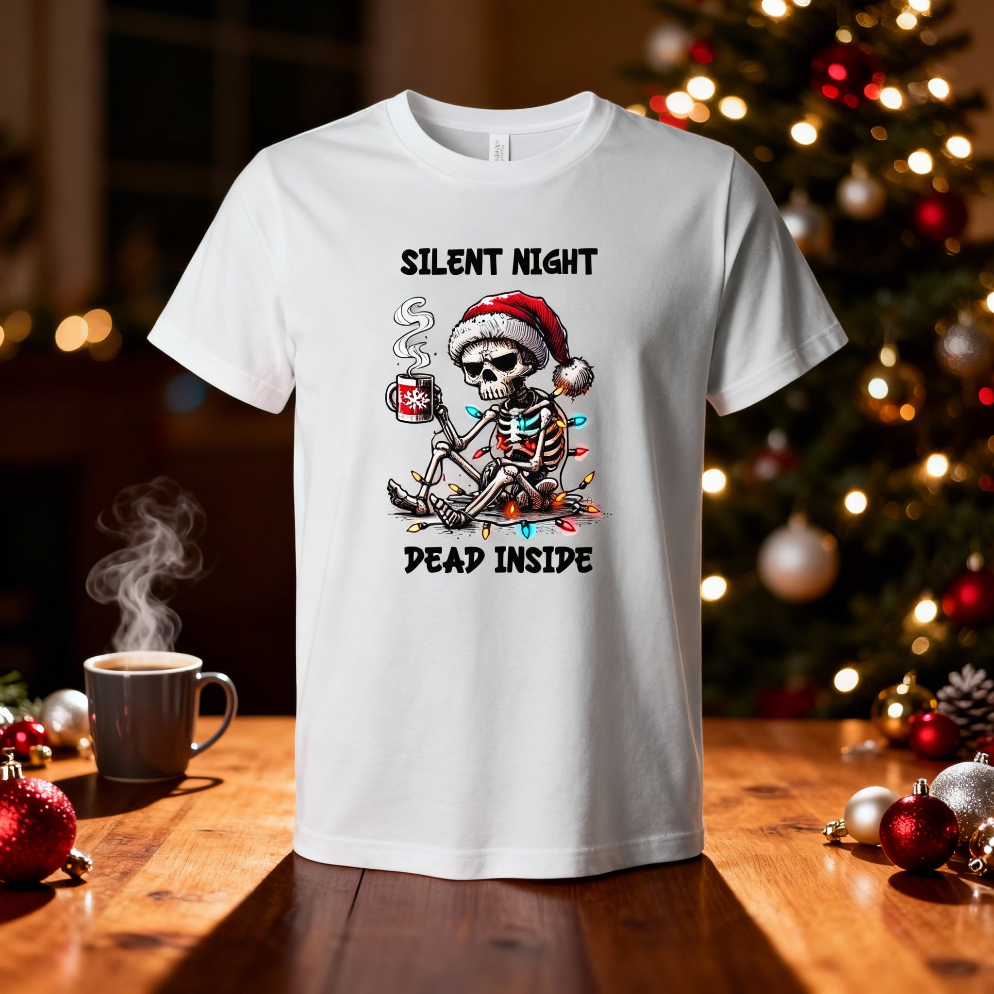 Silent Night Dead Inside Skeleton Santa Graphic T Shirt For Unisex Christmas Holiday