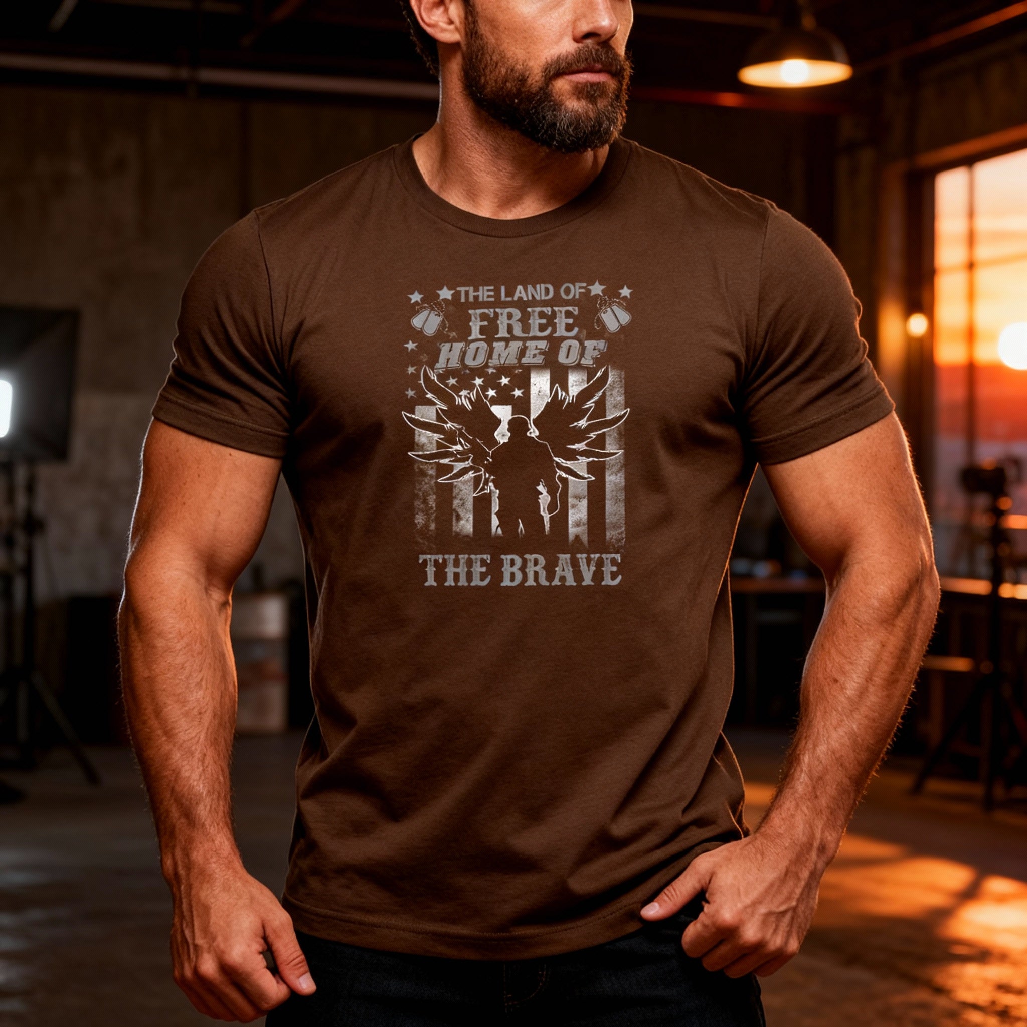 Patriotic Veteran T Shirt With The Land Of Free Home Of The Brave Winged Soldier Graphic
