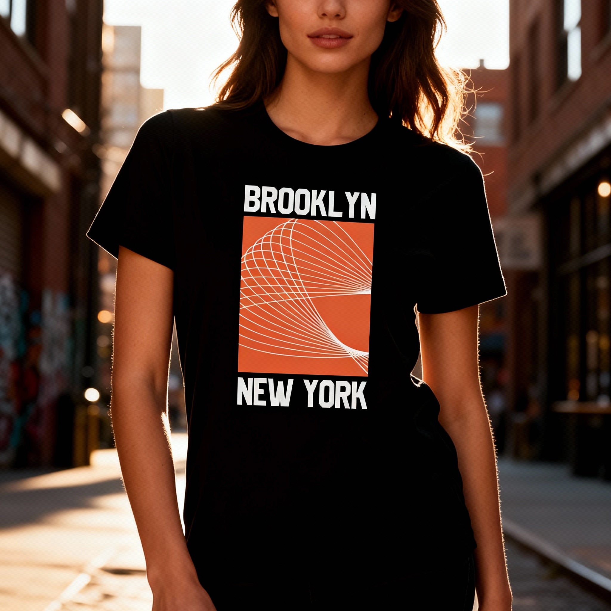 Brooklyn New York Unisex Graphic T Shirt With Orange Square Geometric Spiral Design