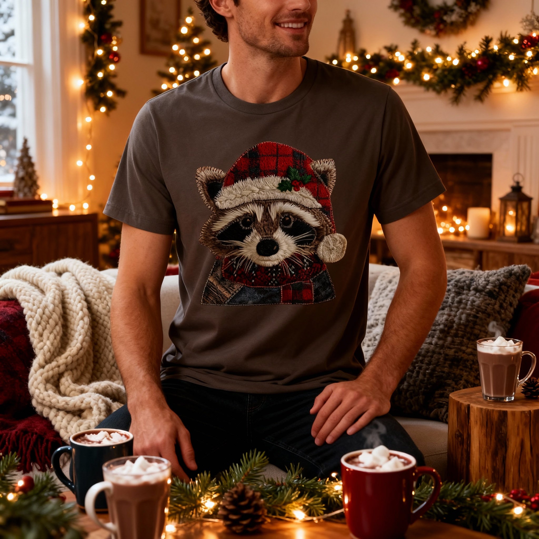 Raccoon Christmas T Shirt With Plaid Santa Hat And Cozy Scarf For Holiday Cheer