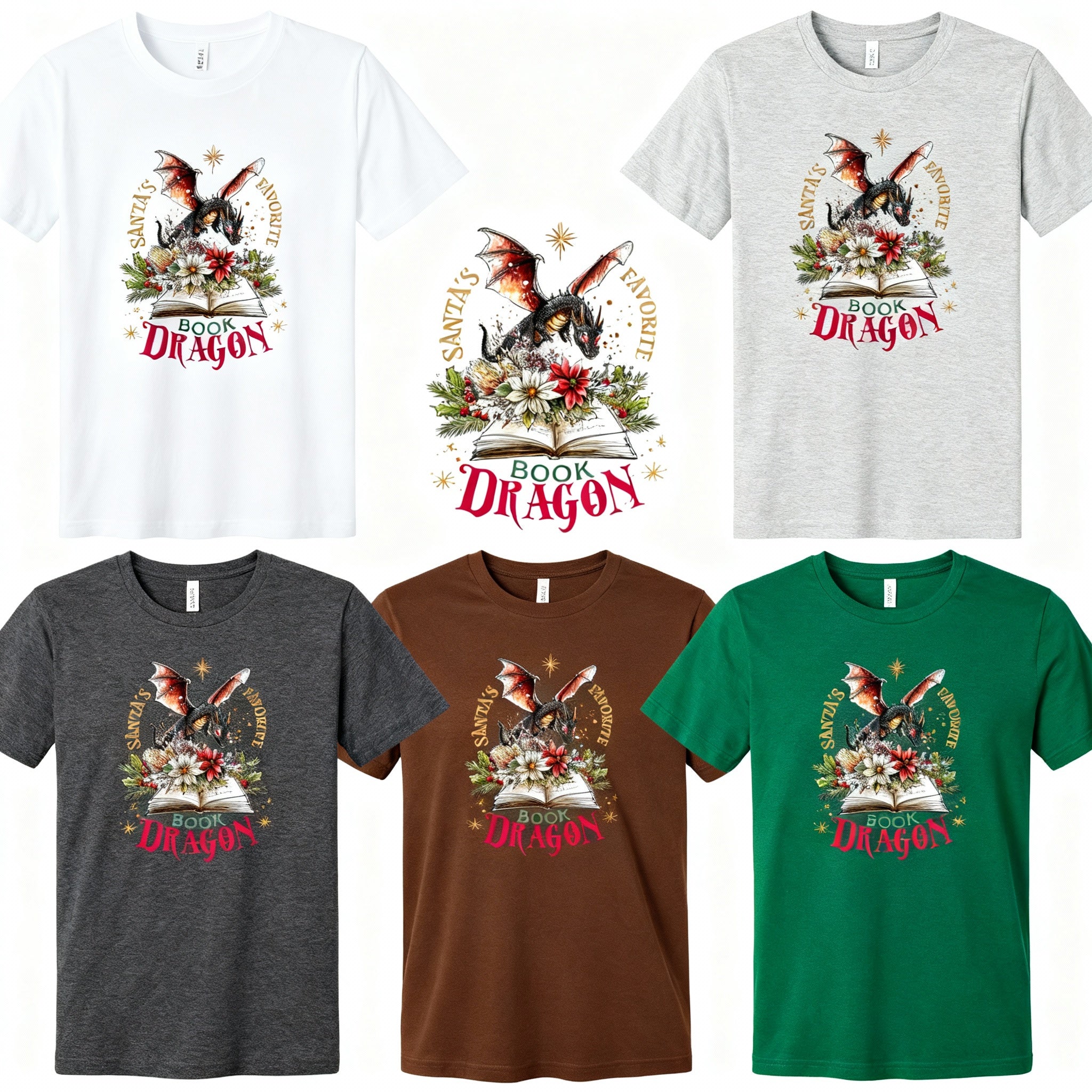 Unisex Christmas T Shirt Featuring A Dragon On An Open Book With Floral Accents And Santas Favorite
