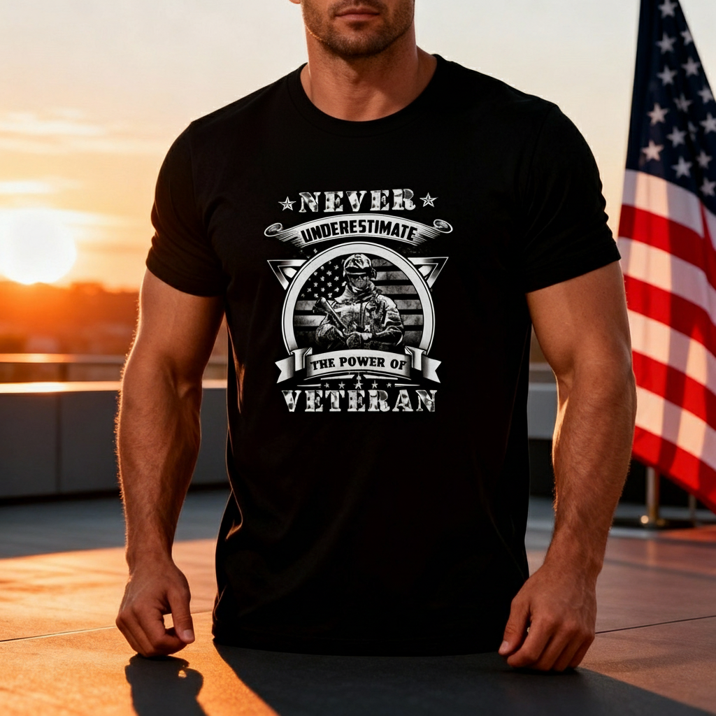 Never Underestimate The Power Of Veteran Graphic Tee With Soldier And American Flag Emblem