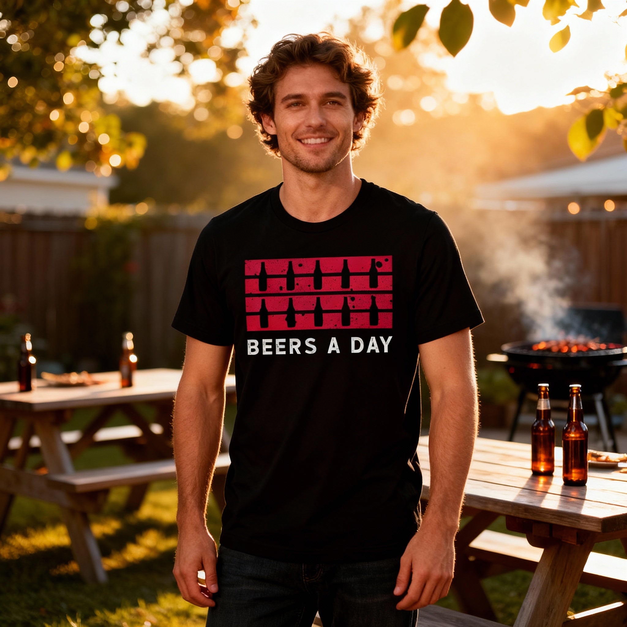 Unisex Beers A Day Graphic Tee With Pink Bottle Stripe Distressed Print Retro Style