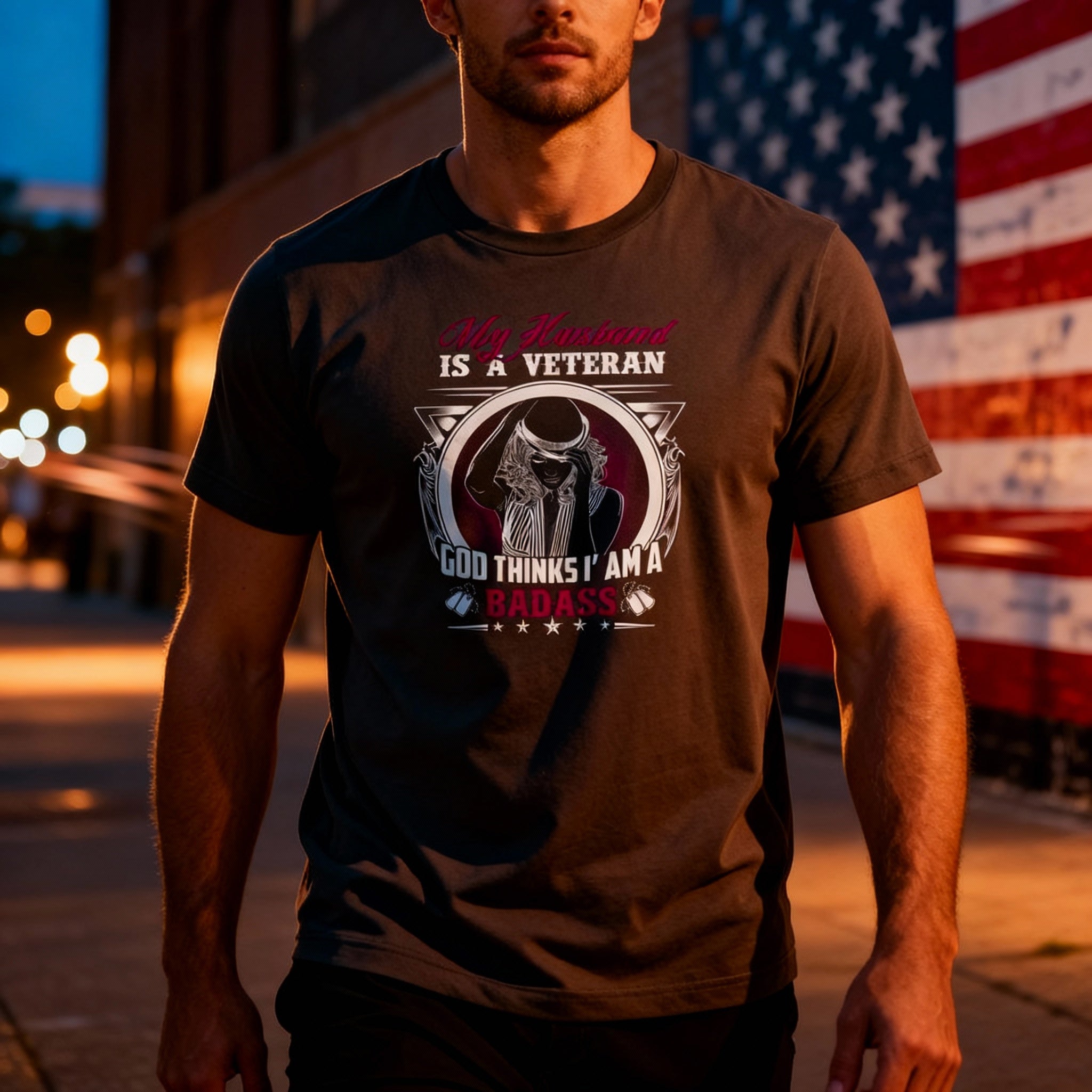 My Husband Is A Veteran Graphic Tee With God Thinks I Am A Badass Bold Design For Strong Women