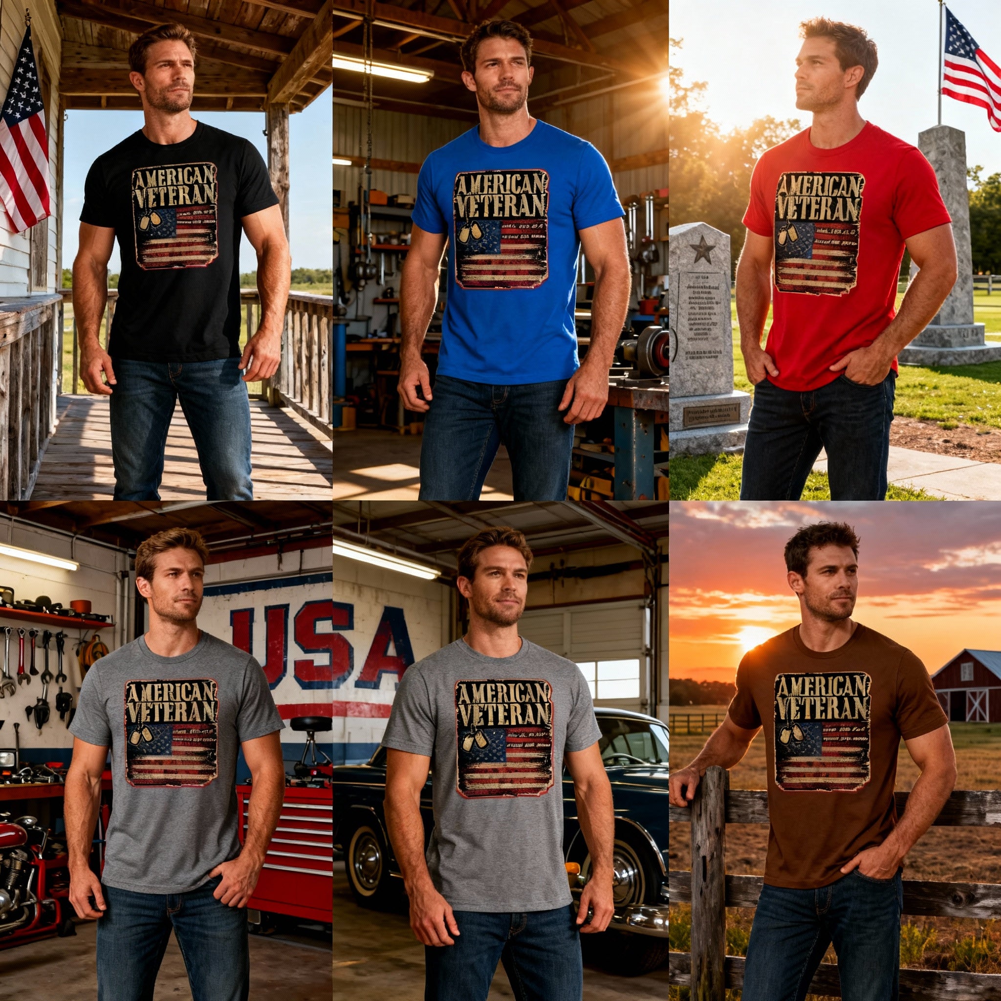 American Veteran Graphic T-Shirt With Distressed Flag And Dog Tags Vintage Style