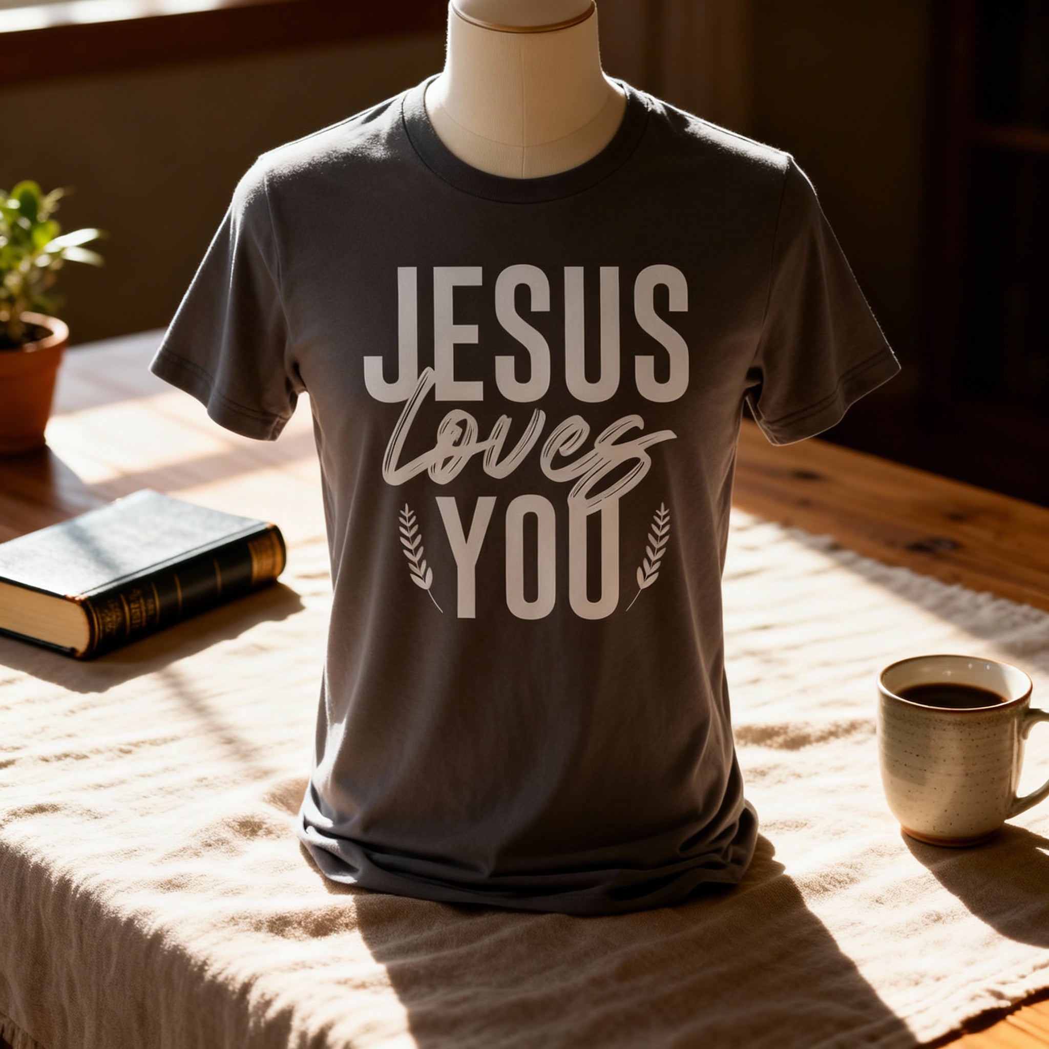 Unisex Christian T Shirt With Jesus Loves You Graphic And Laurel Leaf Accents Soft Fabric