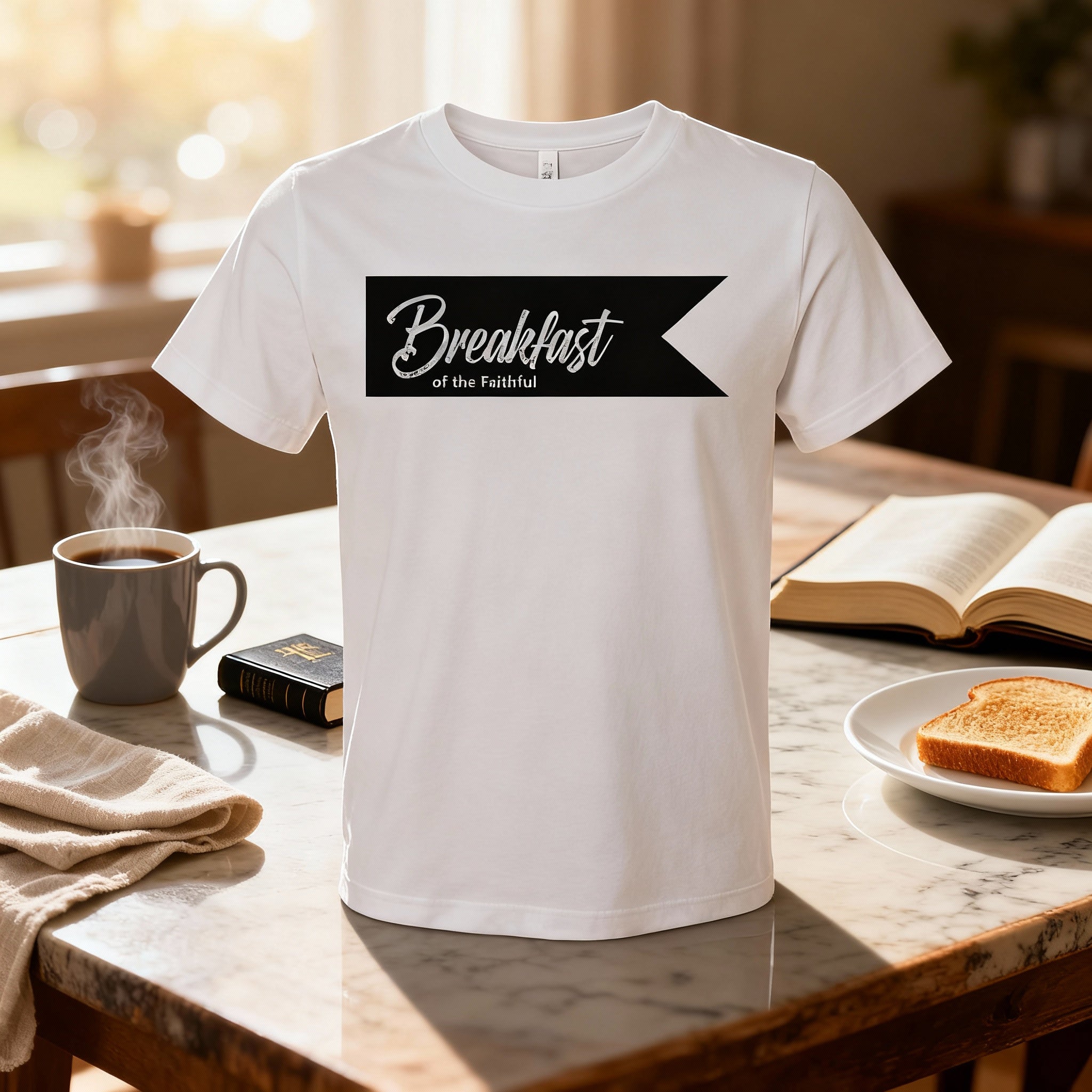 Unisex Christian T Shirt Featuring Breakfast Of The Faithful Banner Graphic Print