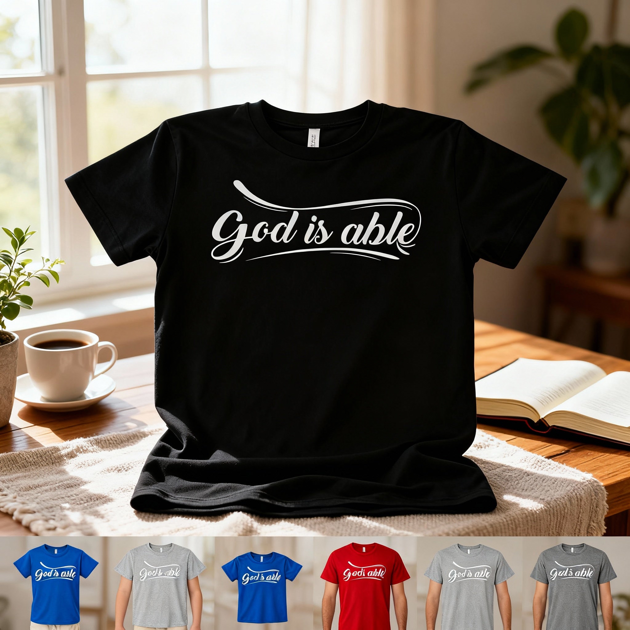Christian Unisex Short Sleeve Graphic T Shirt With God Is Able Script Logo Inspirational Apparel