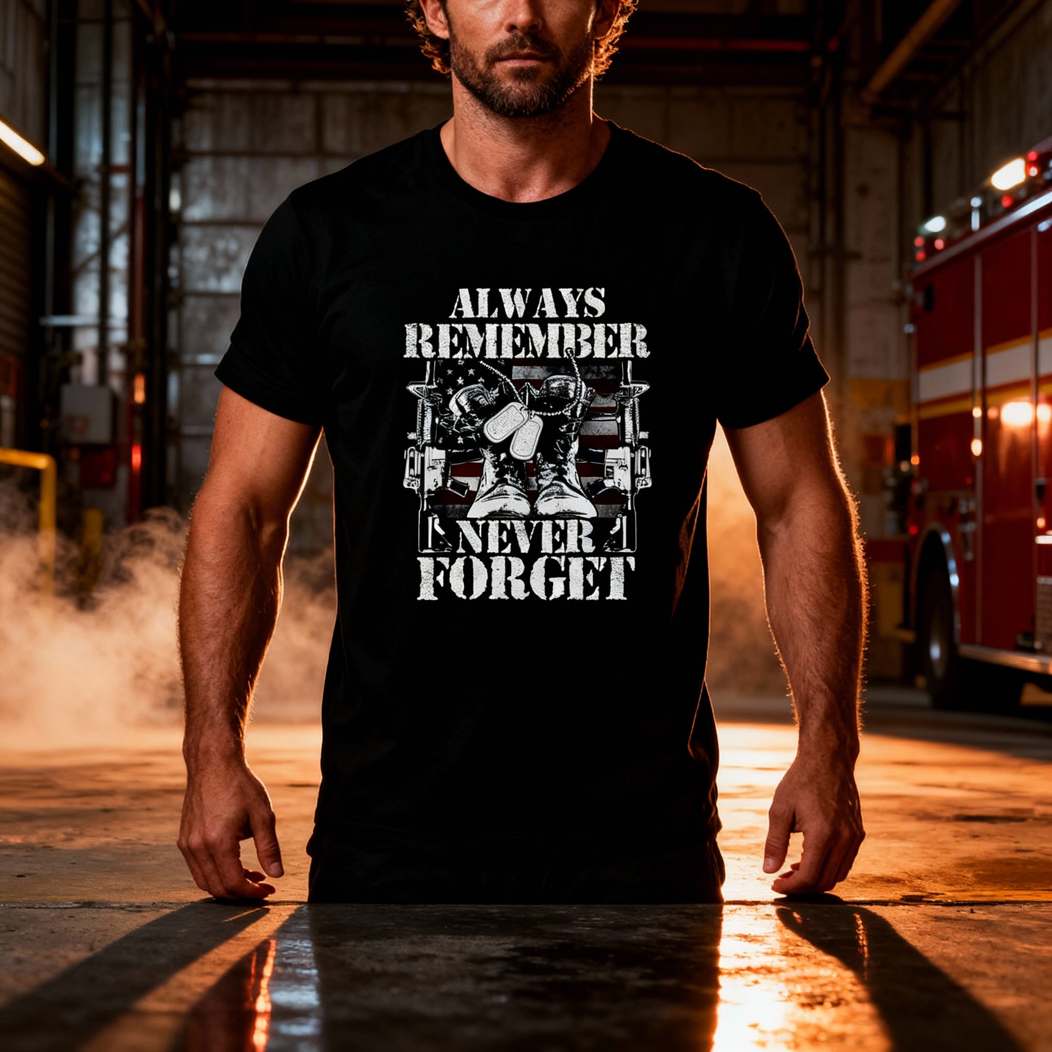 Always Remember Never Forget Veteran Graphic Tee Shirt With Military Boots And Rifles