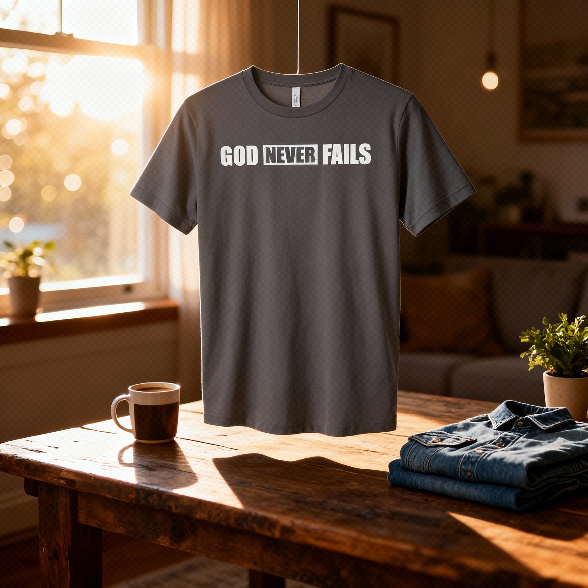 God Never Fails Christian Unisex T Shirt With Front Print In Bold Lettering For Everyday Wear