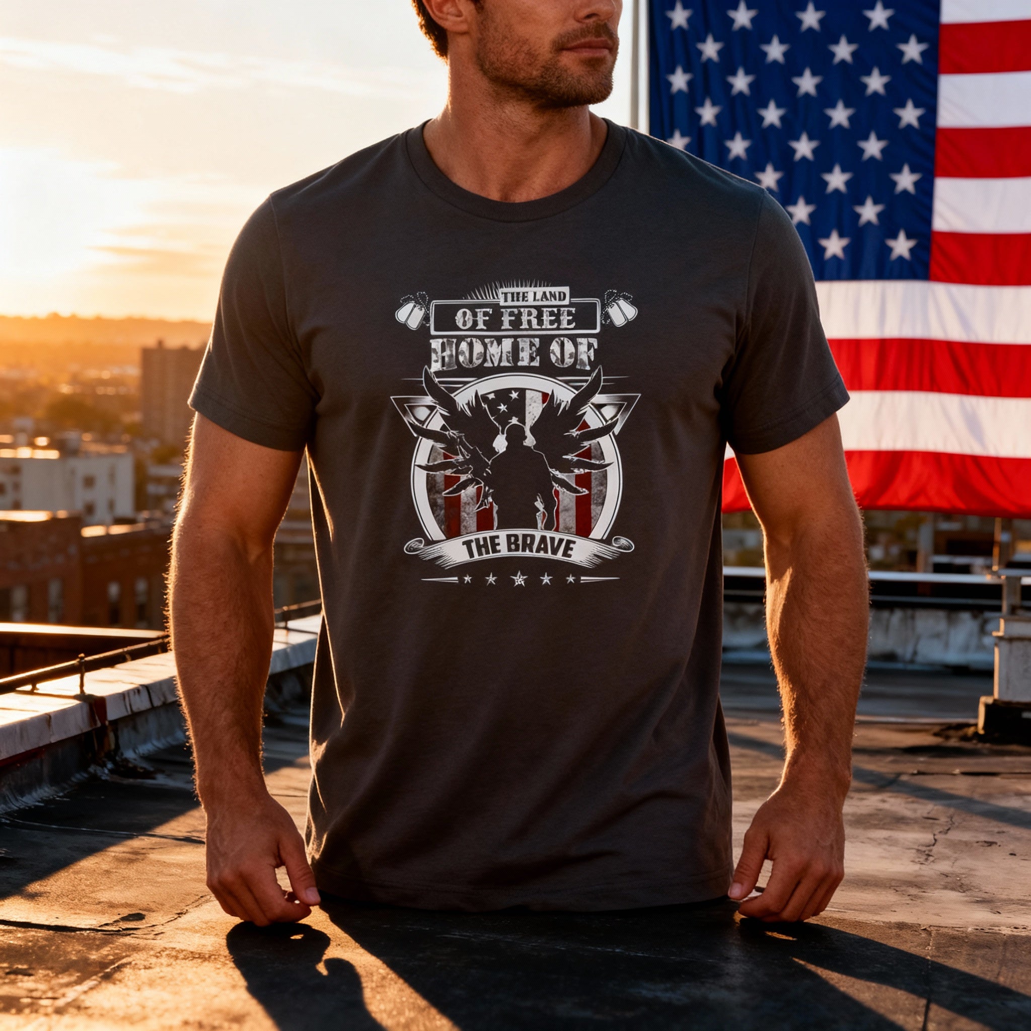 Patriotic Veteran Unisex Tee With Eagle And American Flag Graphic The Land Of Free Home Of The Brave