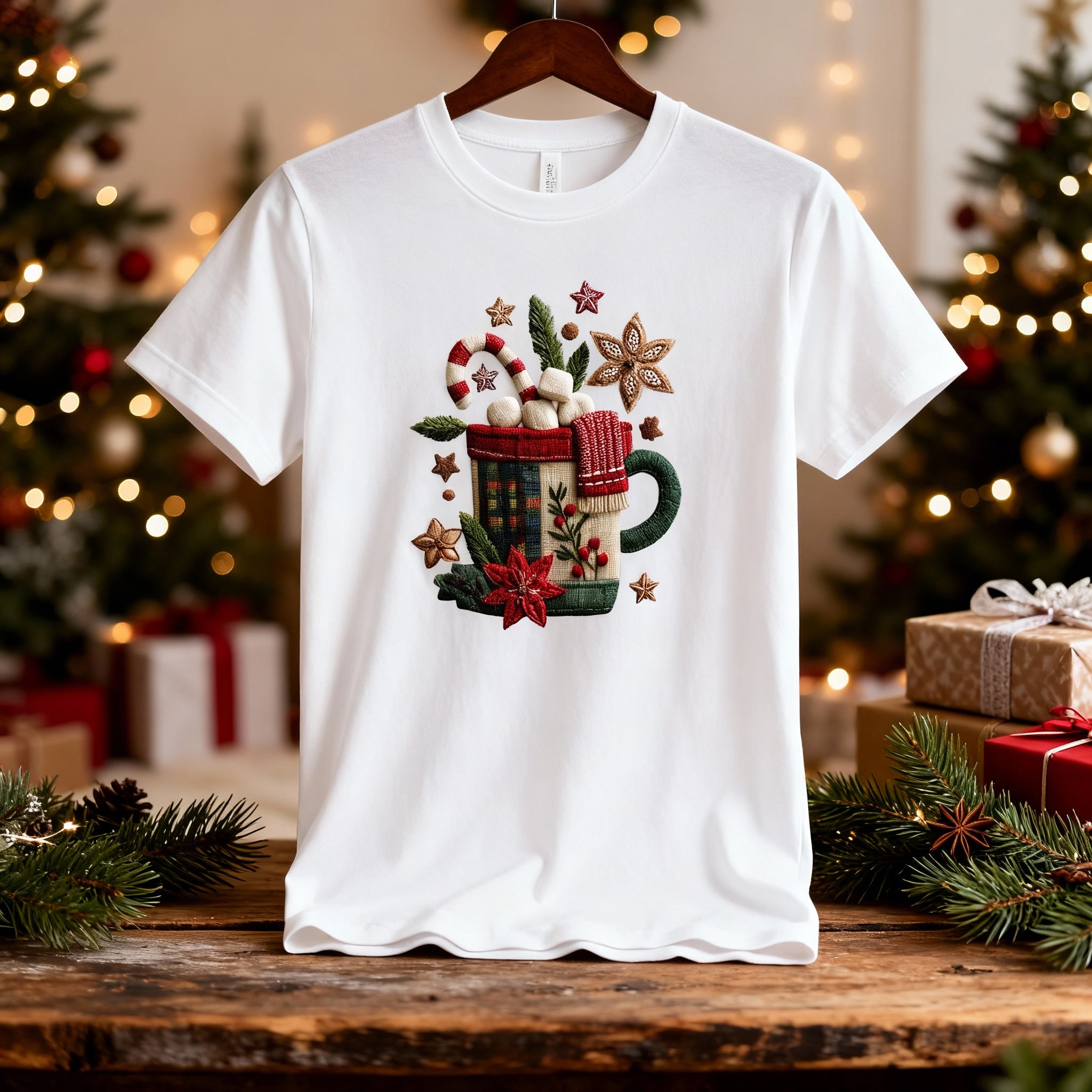 White Unisex Christmas T Shirt With Festive Mug Design Candy Canes Marshmallows And Poinsettias