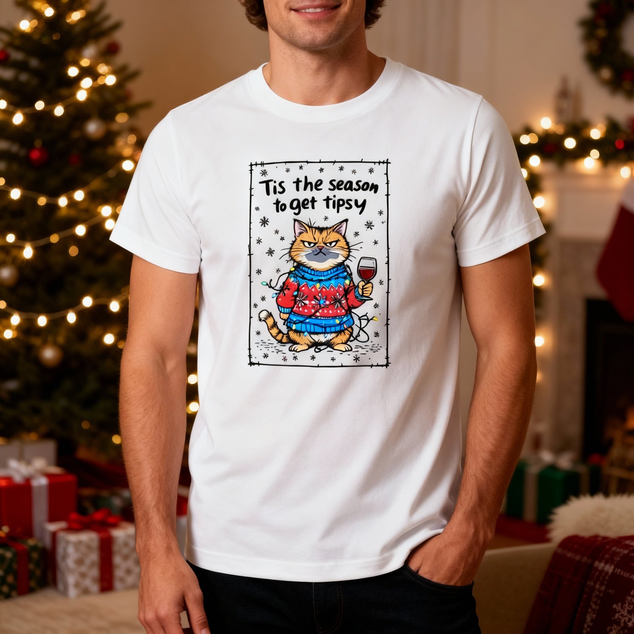 Unisex Christmas Cat Graphic Tee With Cozy Sweater And Wine Glass Tis The Season