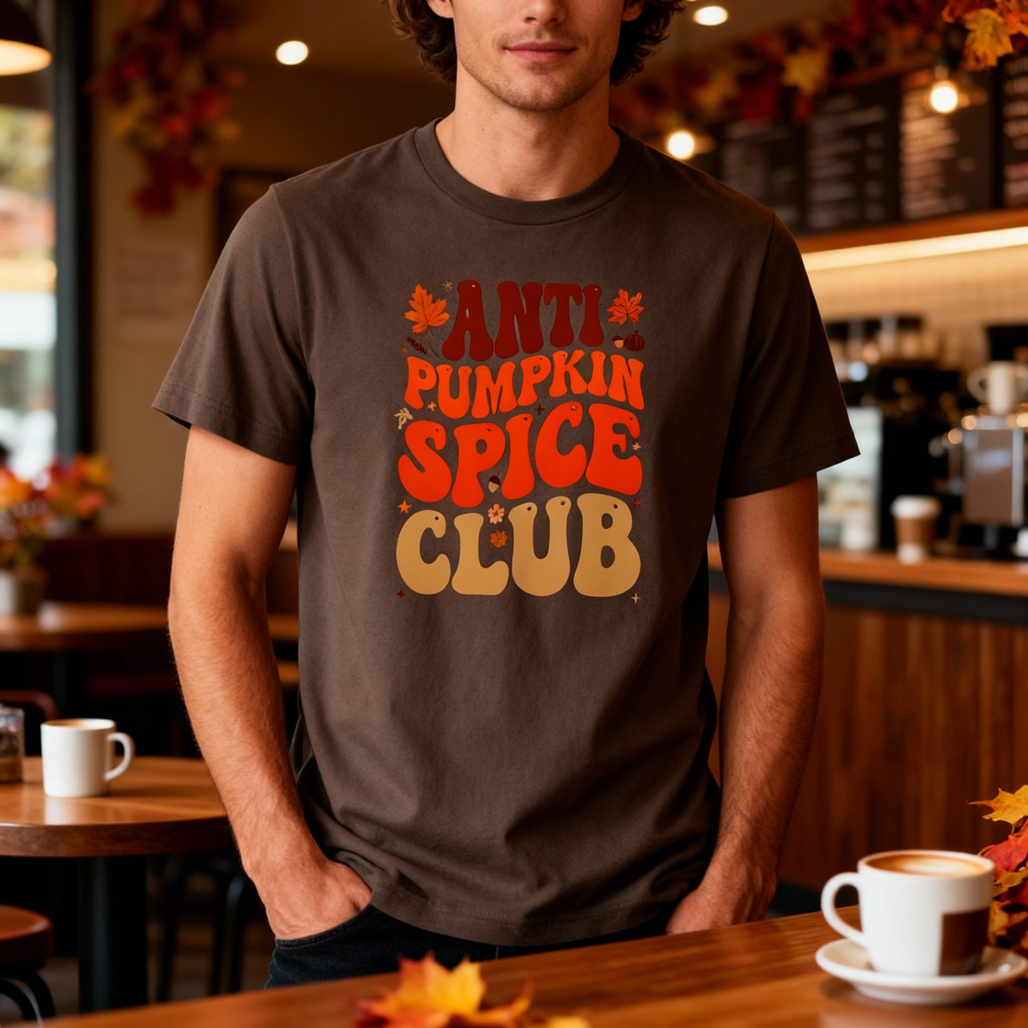 Anti Pumpkin Spice Club Unisex T Shirt With Retro Typography And Autumn Leaves Design