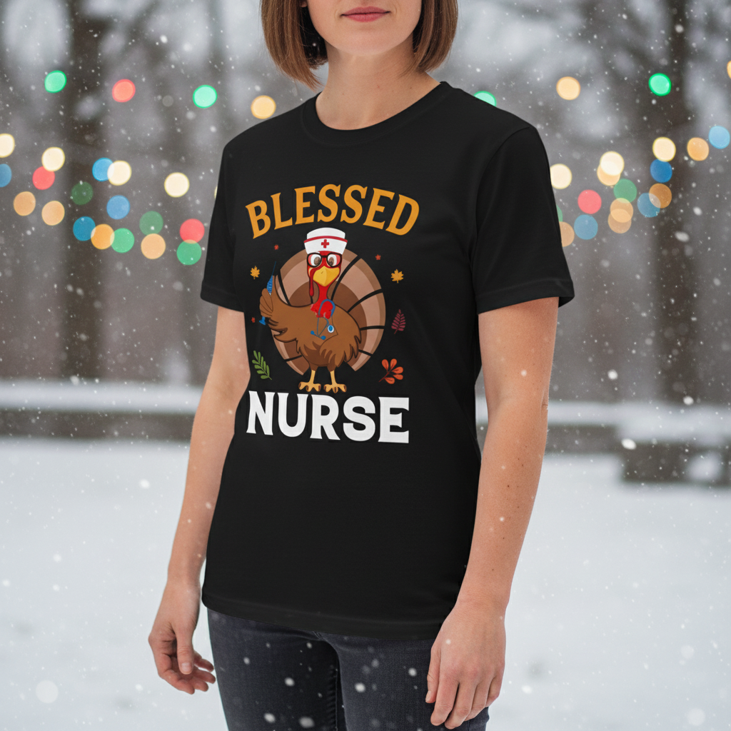 Blessed Nurse Unisex T Shirt With Turkey Nurse Illustration In Nurse Cap Design Artwork