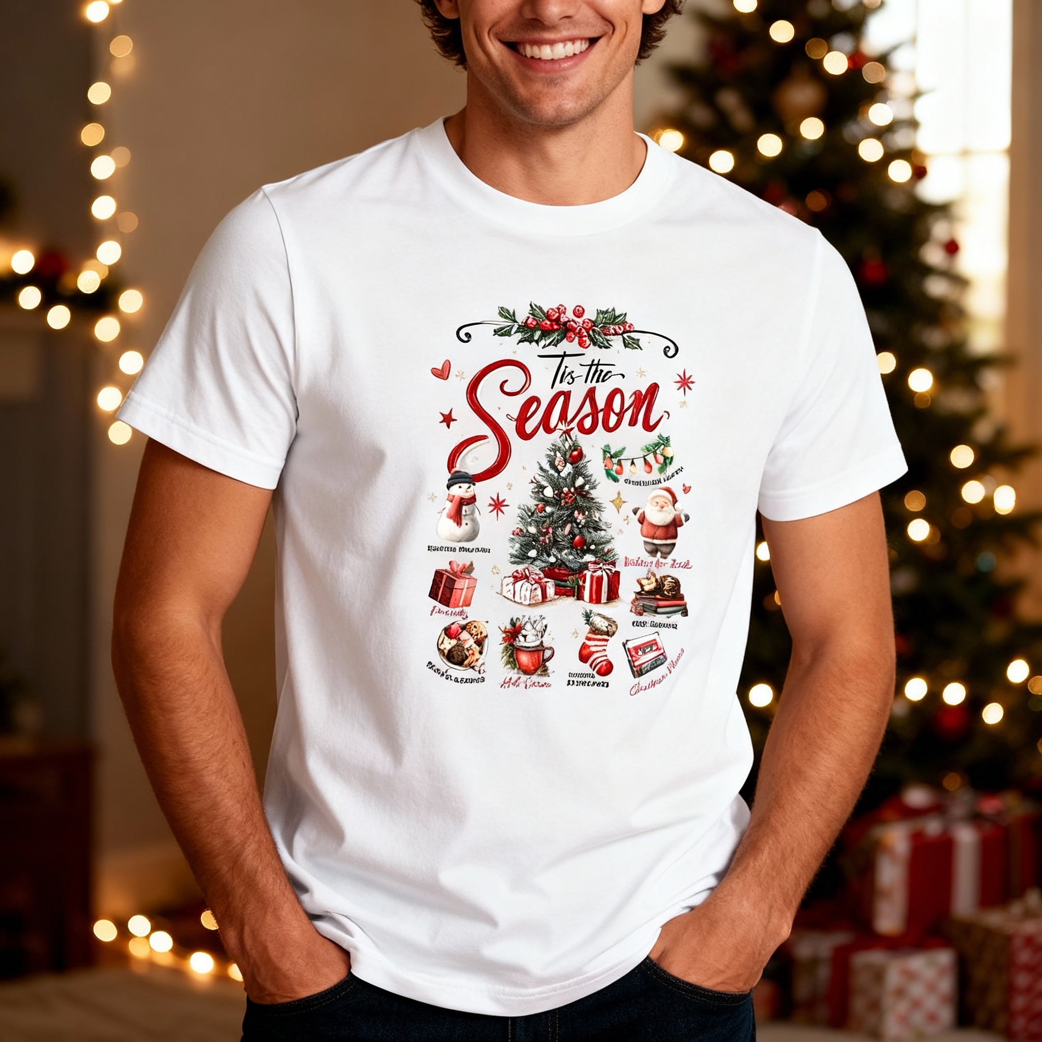 Christmas Unisex T Shirt Tis The Season Graphic Featuring Christmas Tree Santa Stockings Gifts Cookies Cocoa
