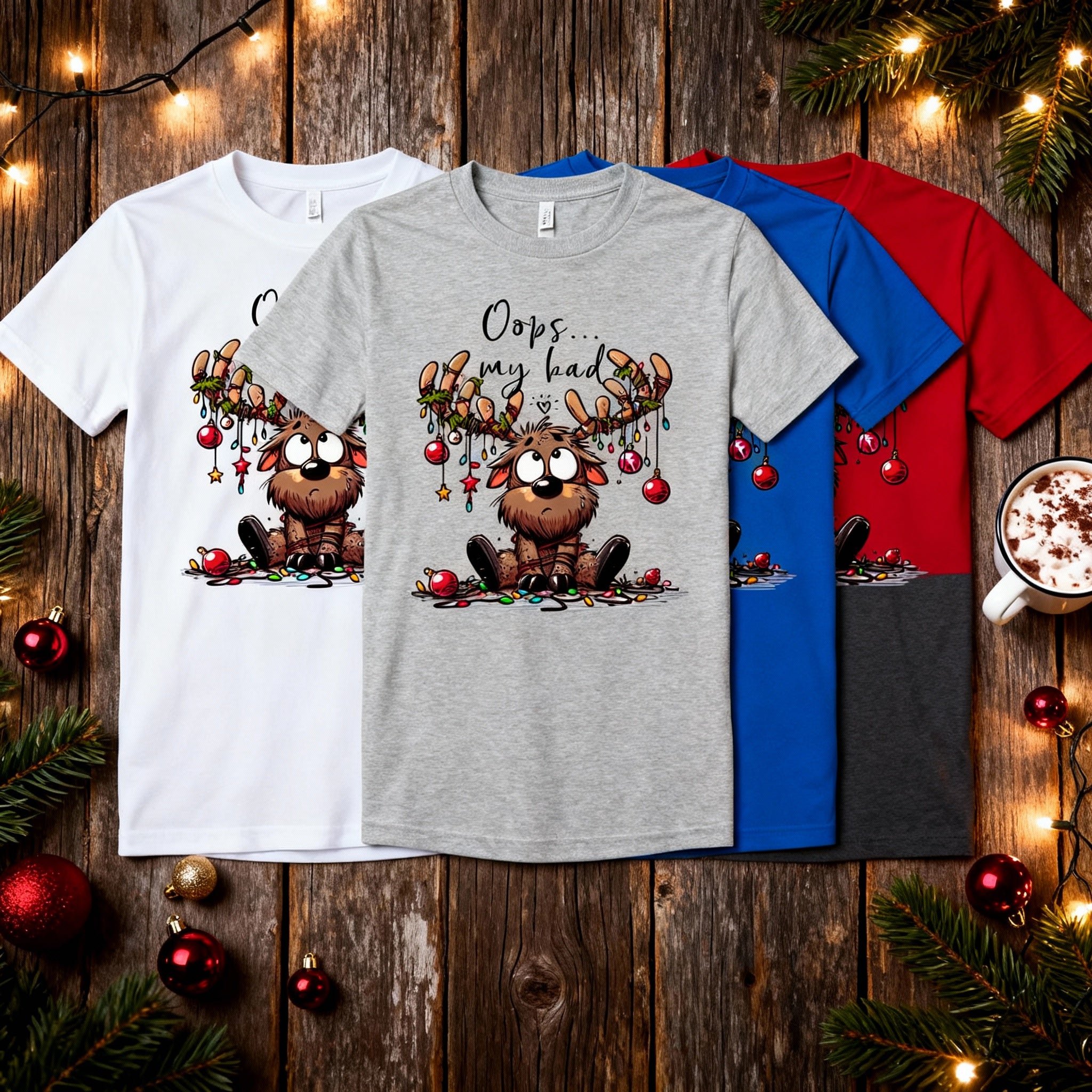 Unisex Christmas Graphic T Shirt With Cute Reindeer Character And Oops My Bad Text Design