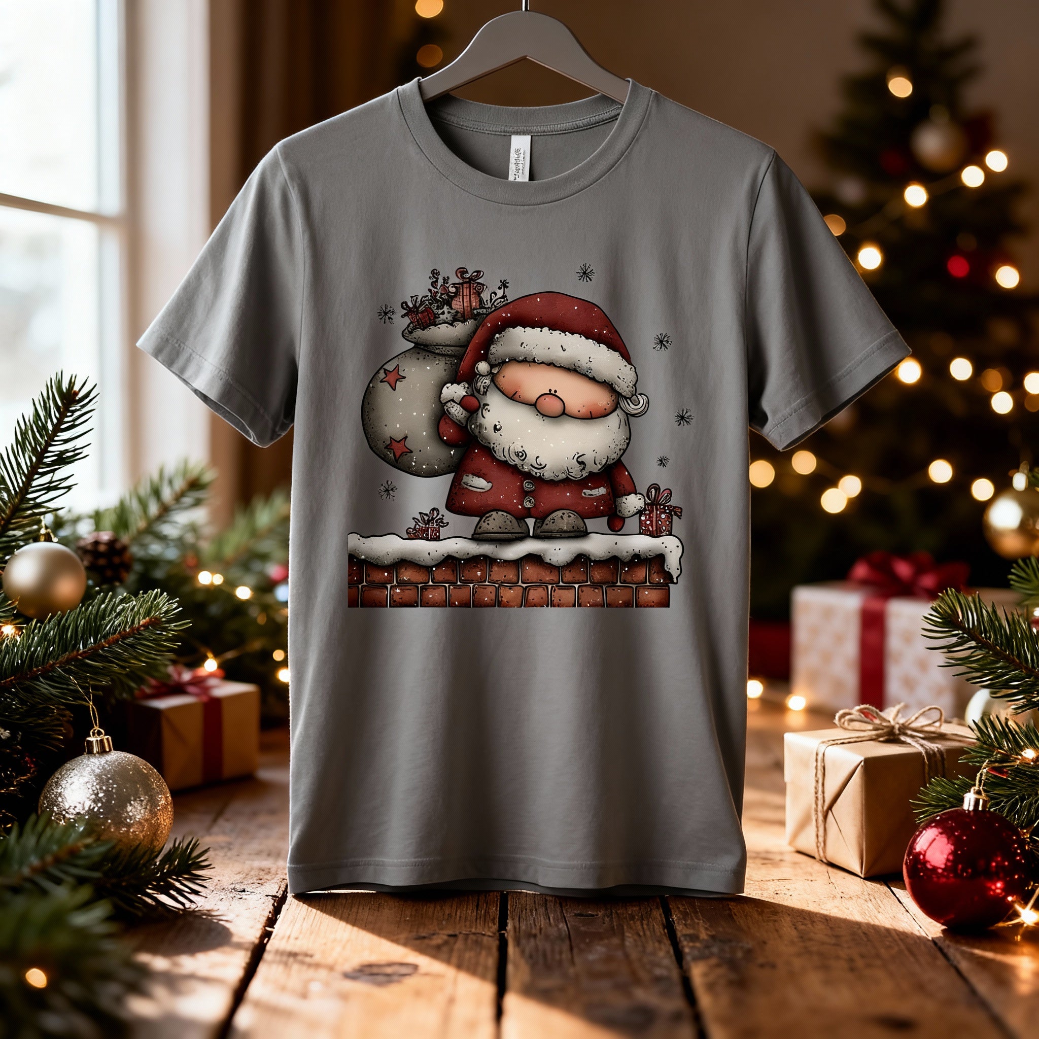 Santa Claus Standing On Snowy Chimney With Gift Sack Unisex Christmas Graphic T Shirt