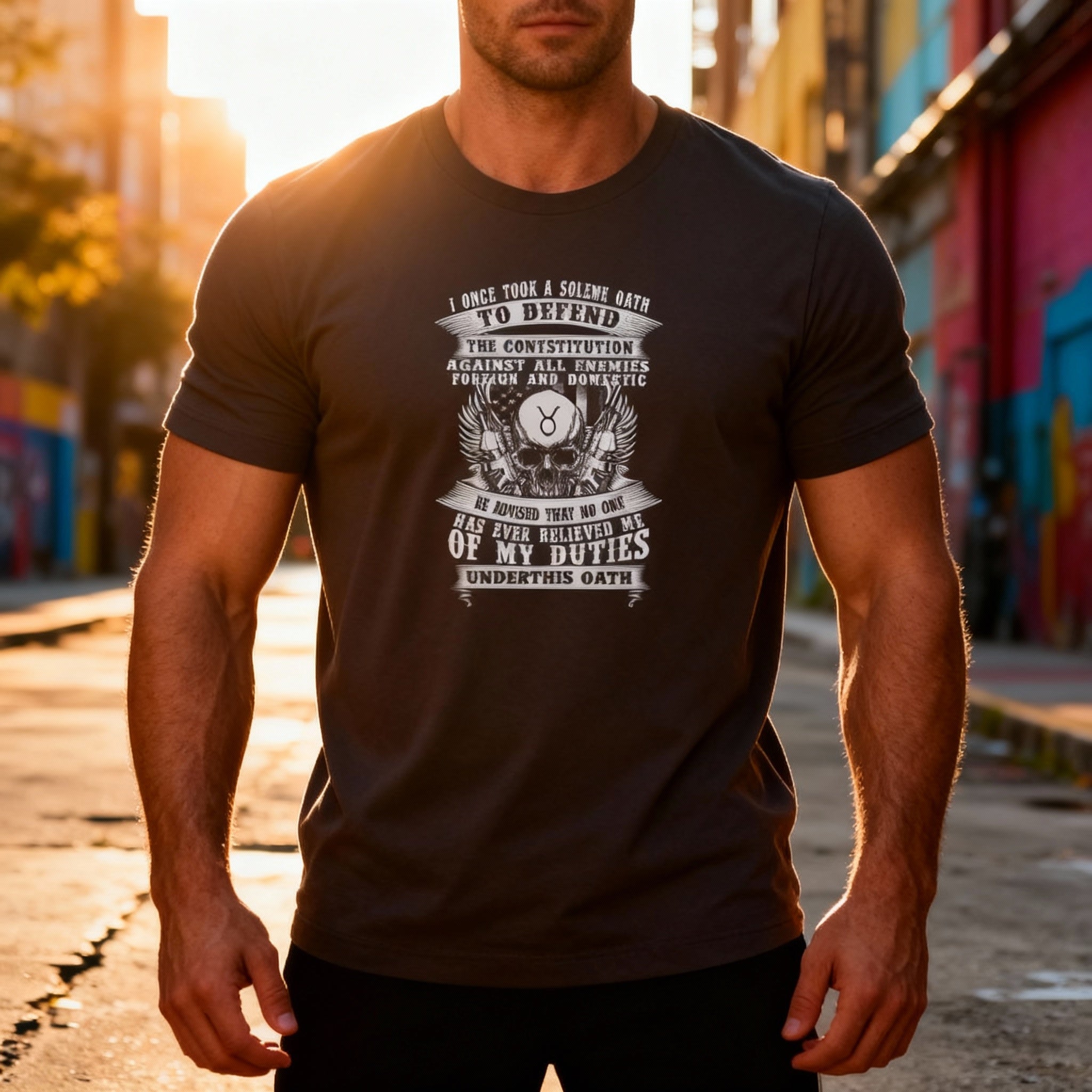 Veteran Oath To Defend The Constitution Graphic T Shirt With Eagle Emblem And Bold Text Design