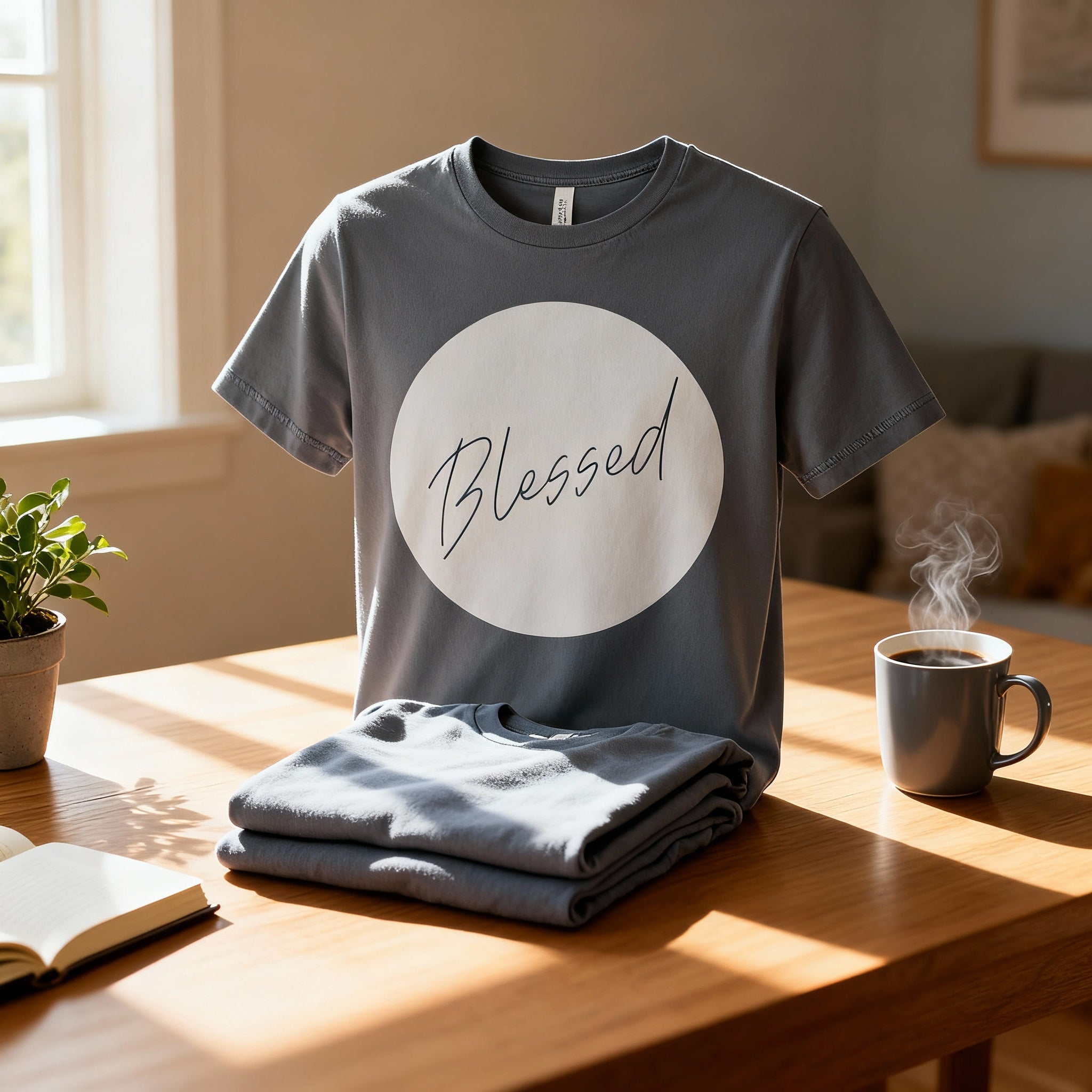 Unisex Blessed Circle Graphic T Shirt Featuring Elegant Script Font Design For Faith Centered Style