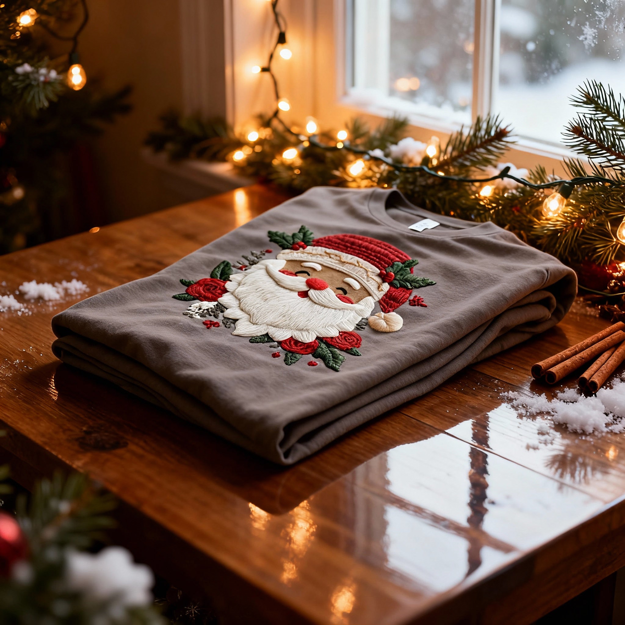 Unisex Christmas T Shirt With Santa Claus Face And Floral Holly Motifs