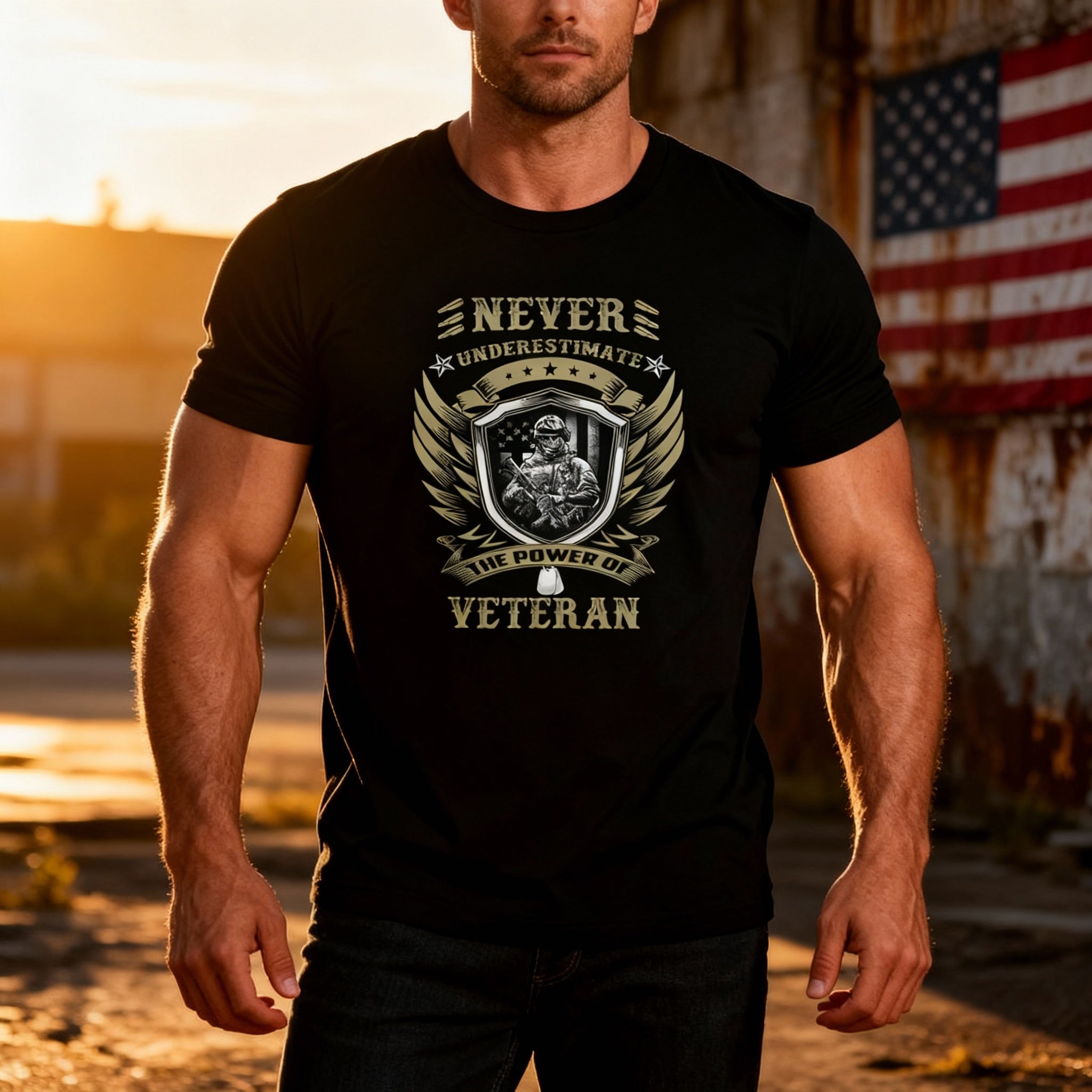 Never Underestimate The Power Of A Veteran Unisex Vintage Military Graphic Tee With Shield And Wings