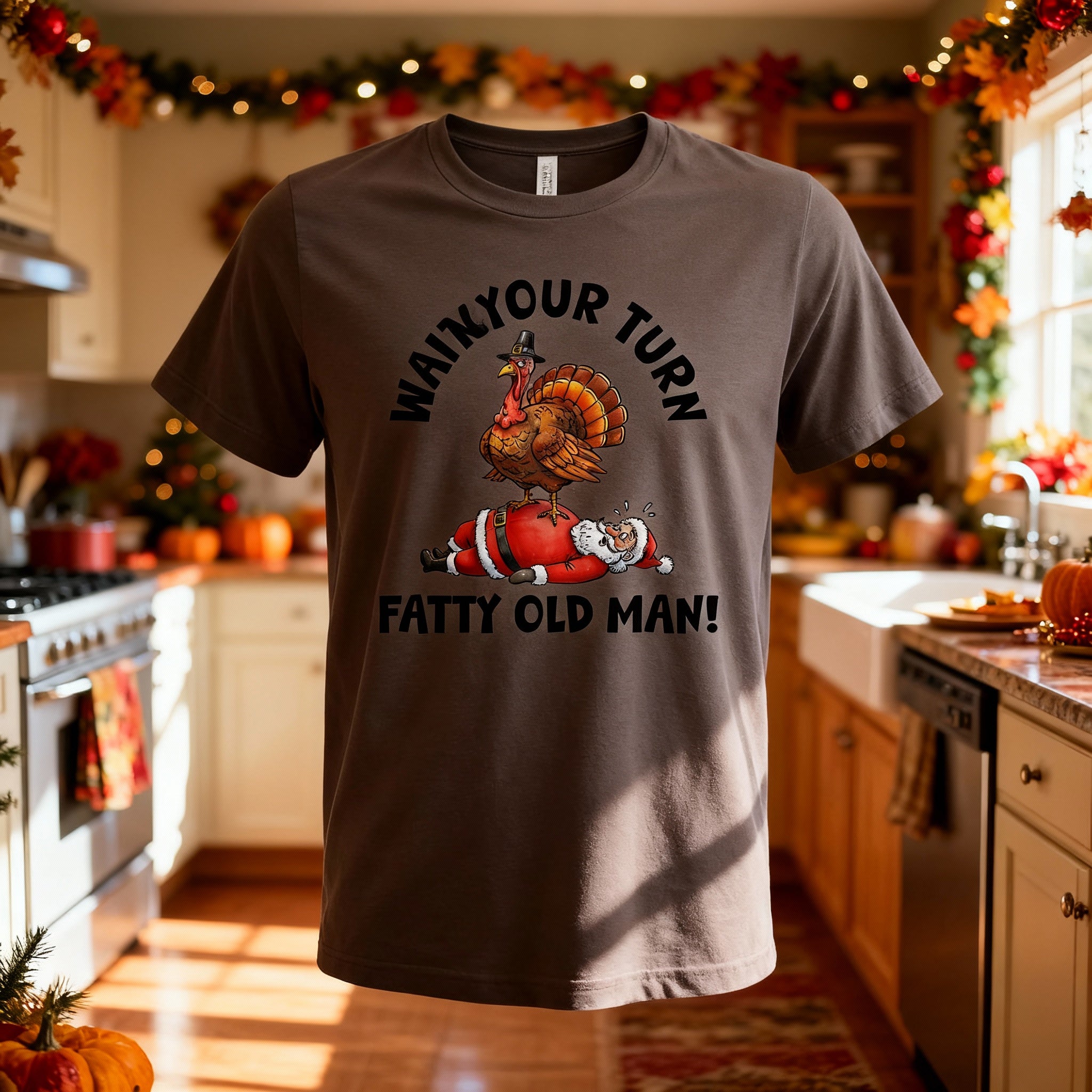 Funny Christmas T Shirt With Turkey Standing On Santa Claus Illustration For Holiday Gift