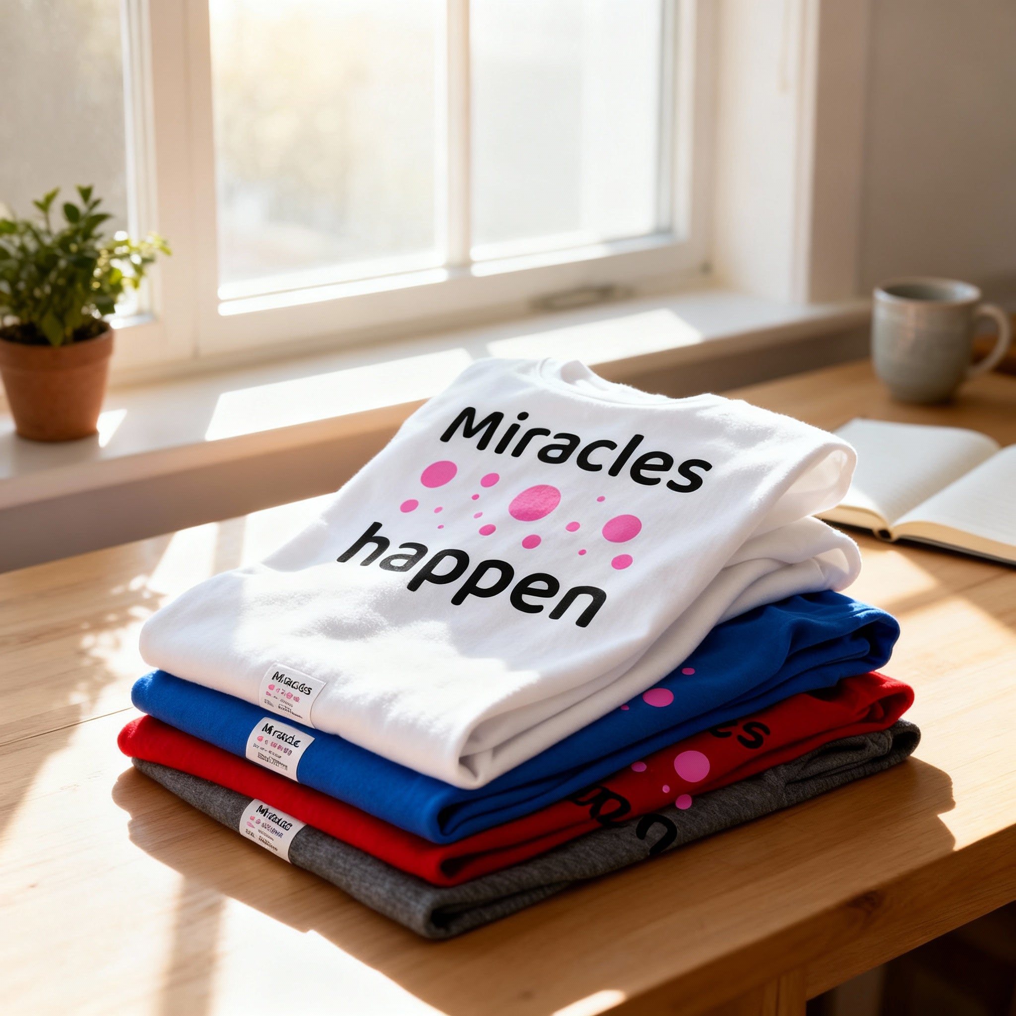 Christian Unisex T Shirt Miracles Happen Graphic With Pink Dot Bubbles Artwork Design