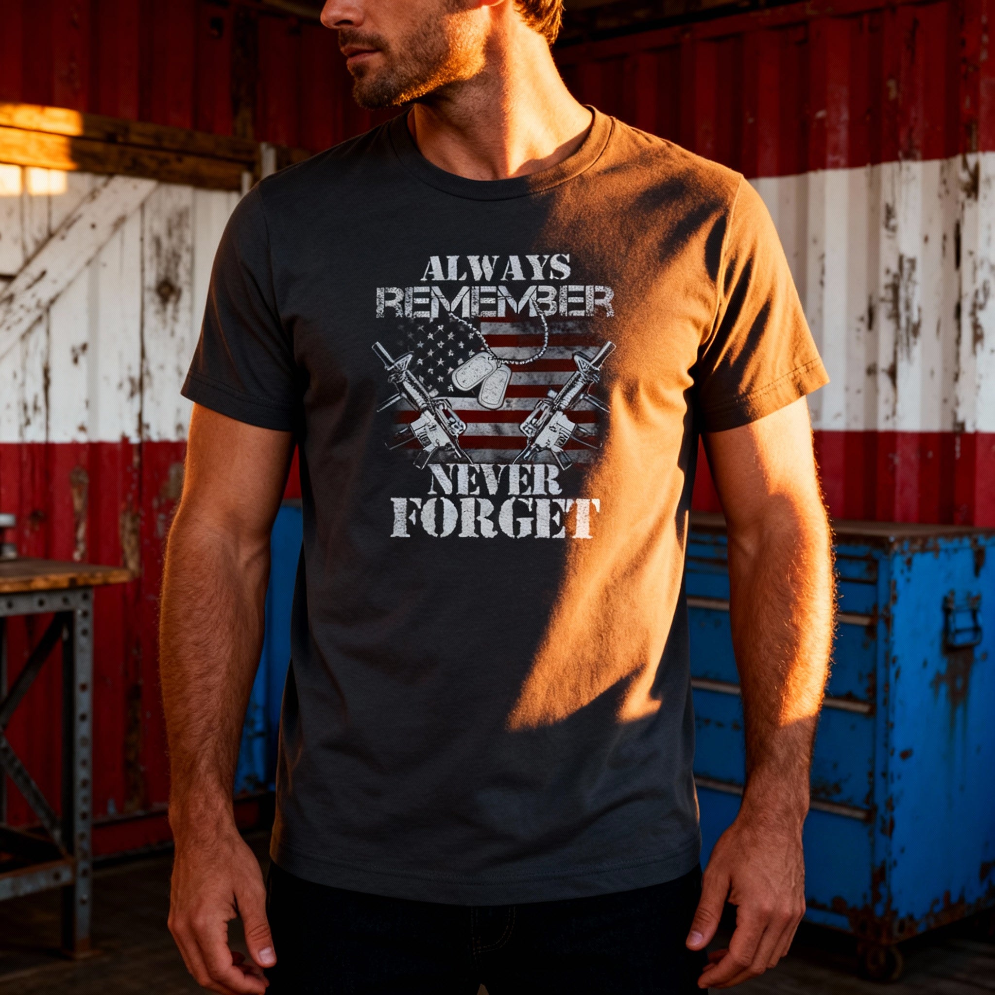 Unisex Veteran Graphic Tee With American Flag And Rifles Always Remember Never Forget