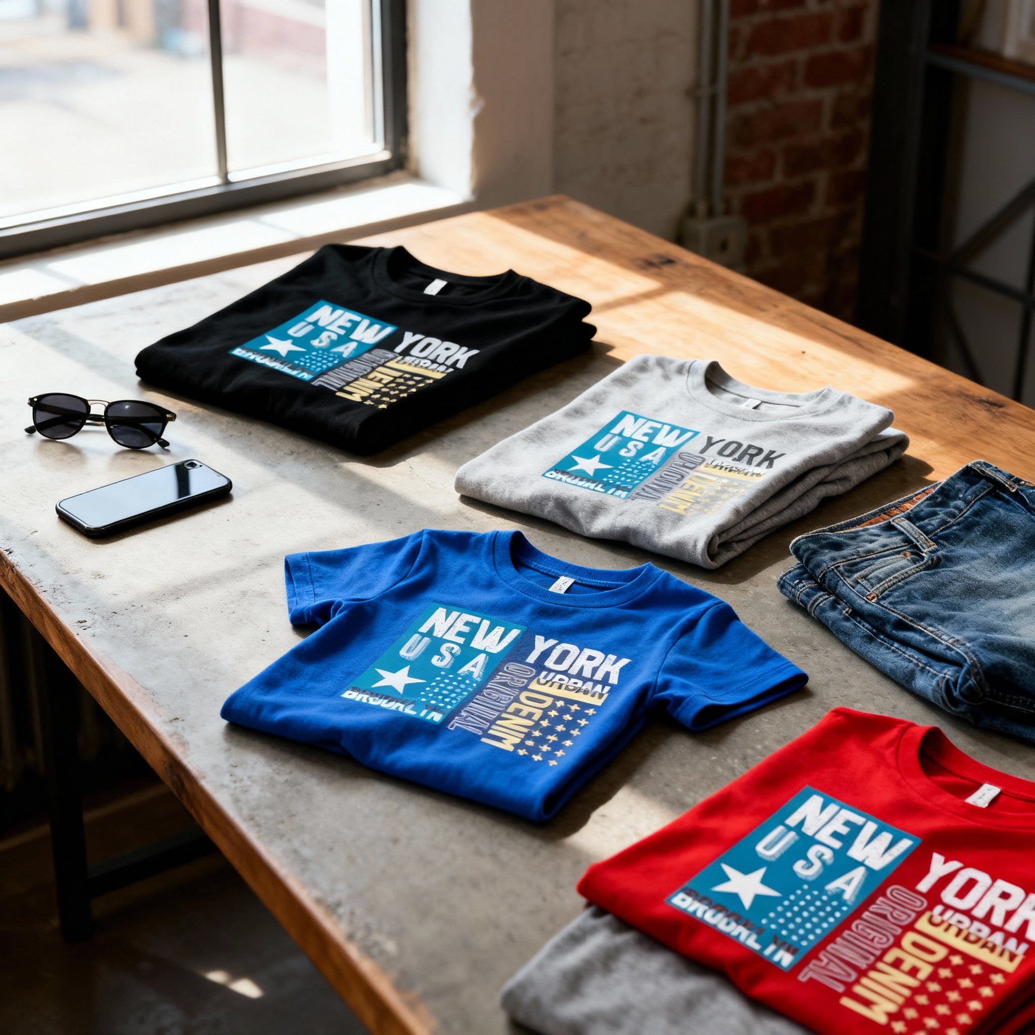 Urban Graphic T Shirt With New York USA Brooklyn City Emblem In Blue And Yellow Print