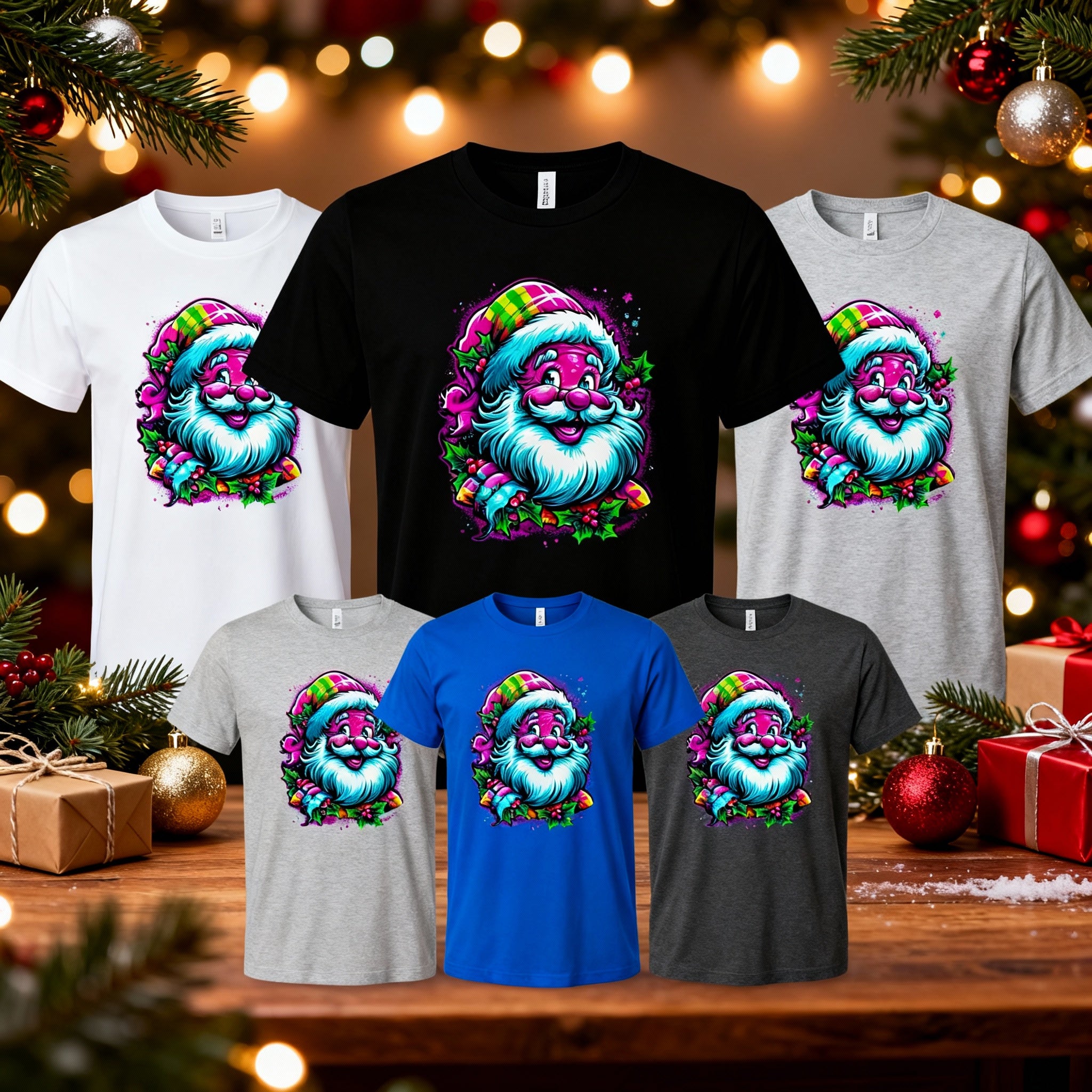Colorful Santa Christmas Graphic T Shirt For Unisex