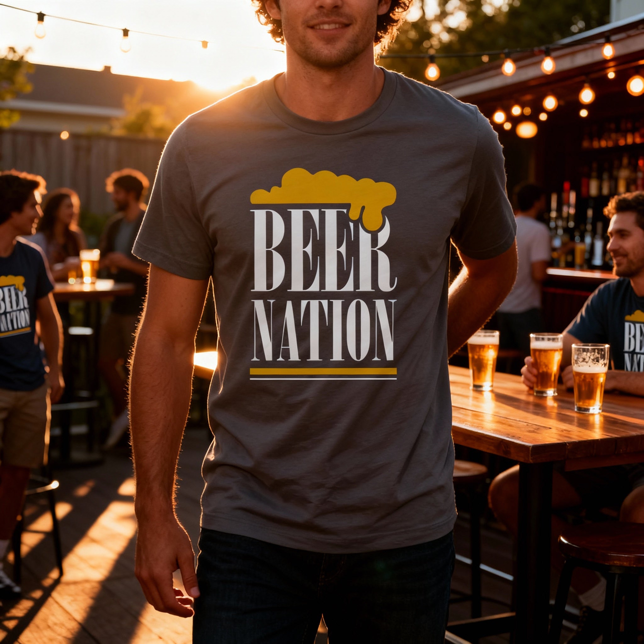 Beer Nation Unisex Short Sleeve Graphic T Shirt With Beer Foam Logo Design For Everyday Wear