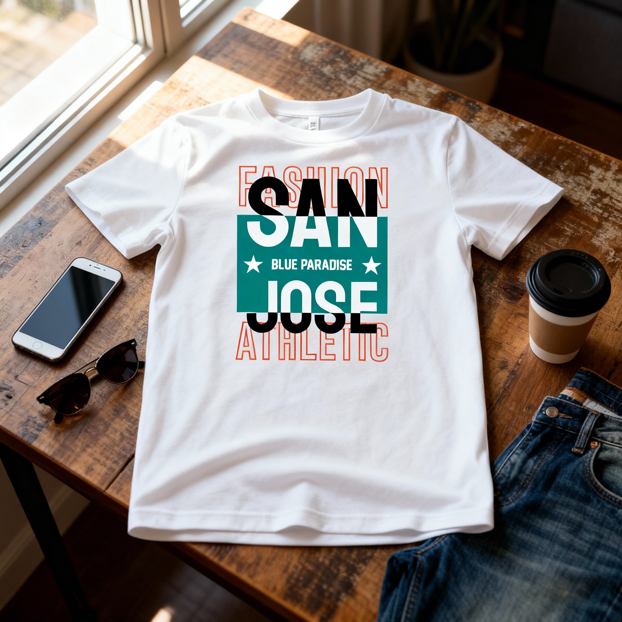 San Jose Athletic Graphic Unisex Tee With Teal Block Design And Blue Paradise Text