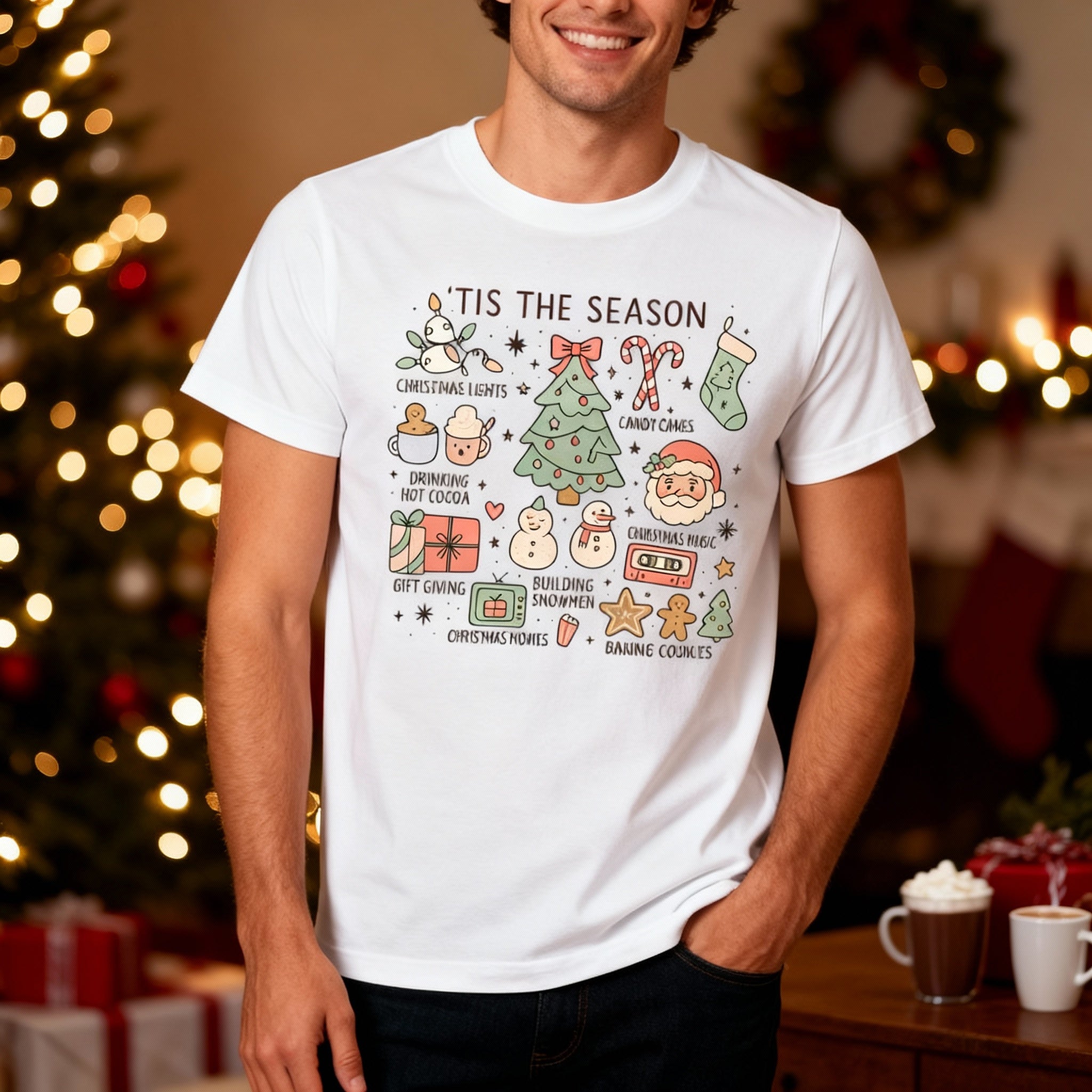 Tis The Season Christmas Unisex T Shirt With Tree And Holiday Icons Graphic Tee Festive