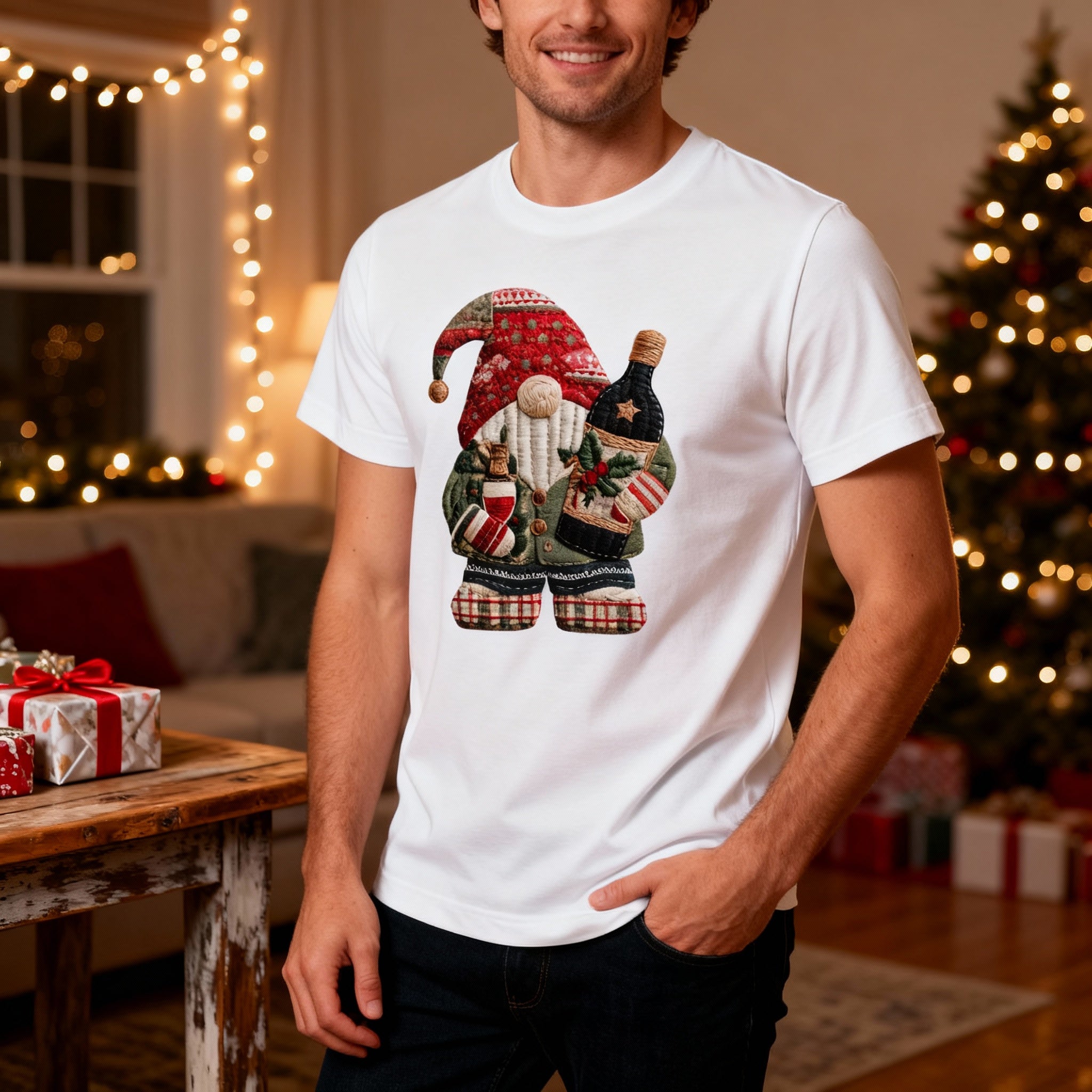 Christmas Santa Claus Knitted Patch T Shirt Featuring Bottle Wrapped Gifts And Festive Details