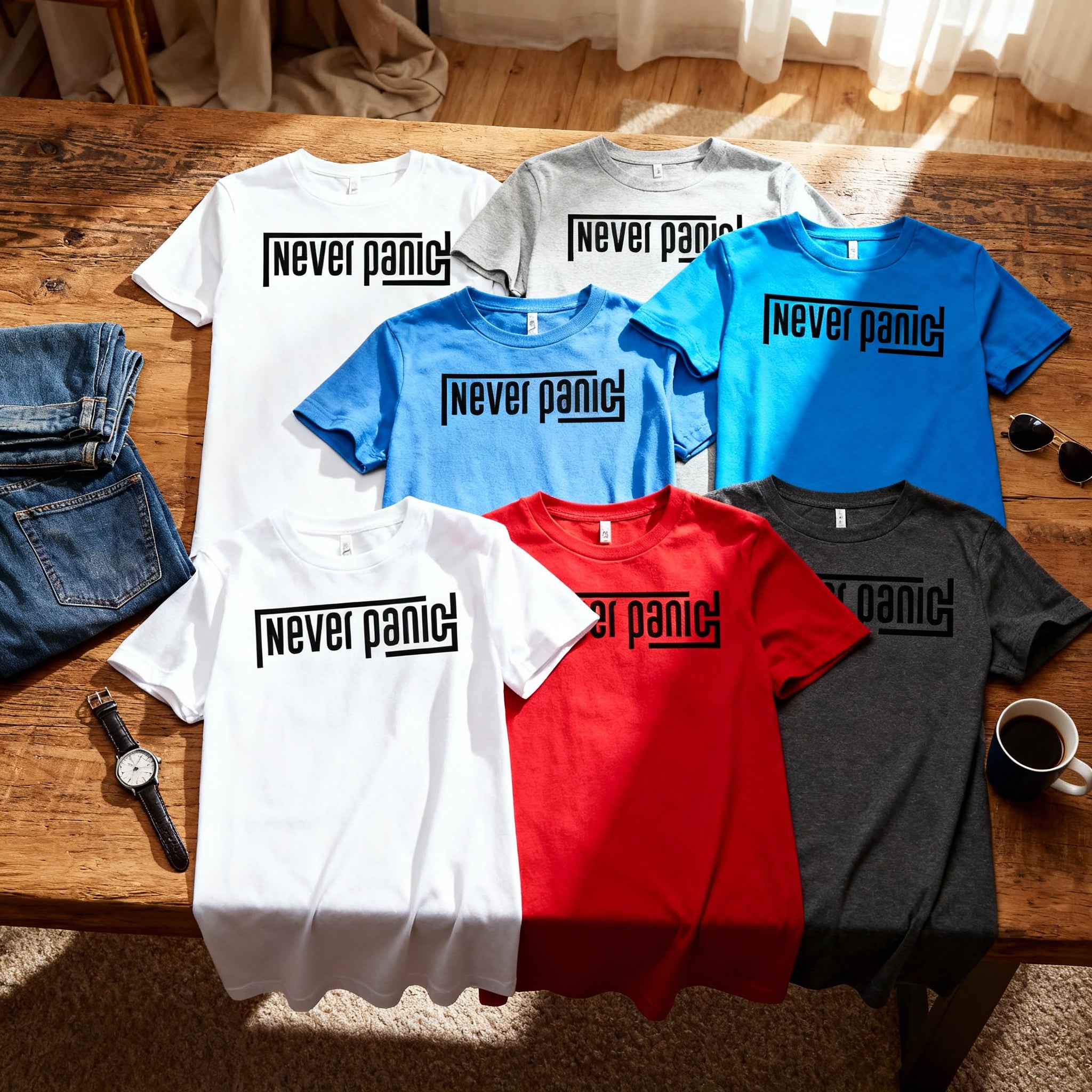 Never Panic Unisex Graphic T Shirt With Bold Block Letter Design For Everyday Wear