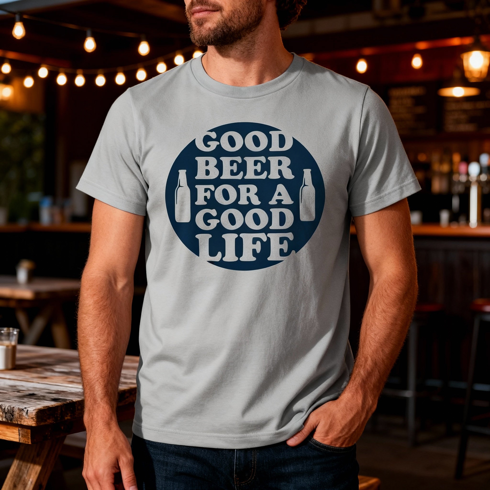 Unisex Graphic T Shirt With Circular Good Beer For A Good Life Design And Beer Bottle Icons