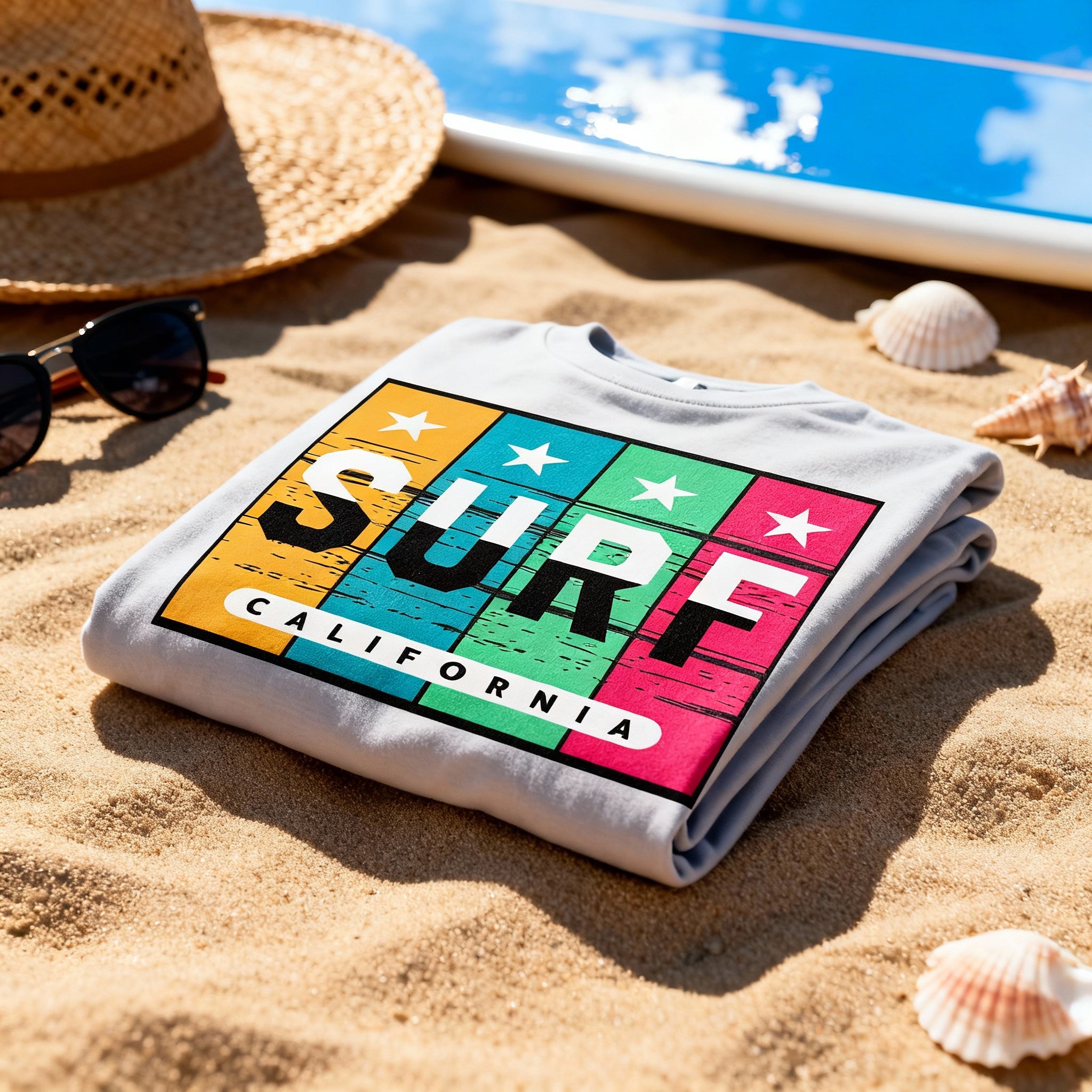 Surf California Multicolor Block Graphic T Shirt With Star Panels For Summer Wear